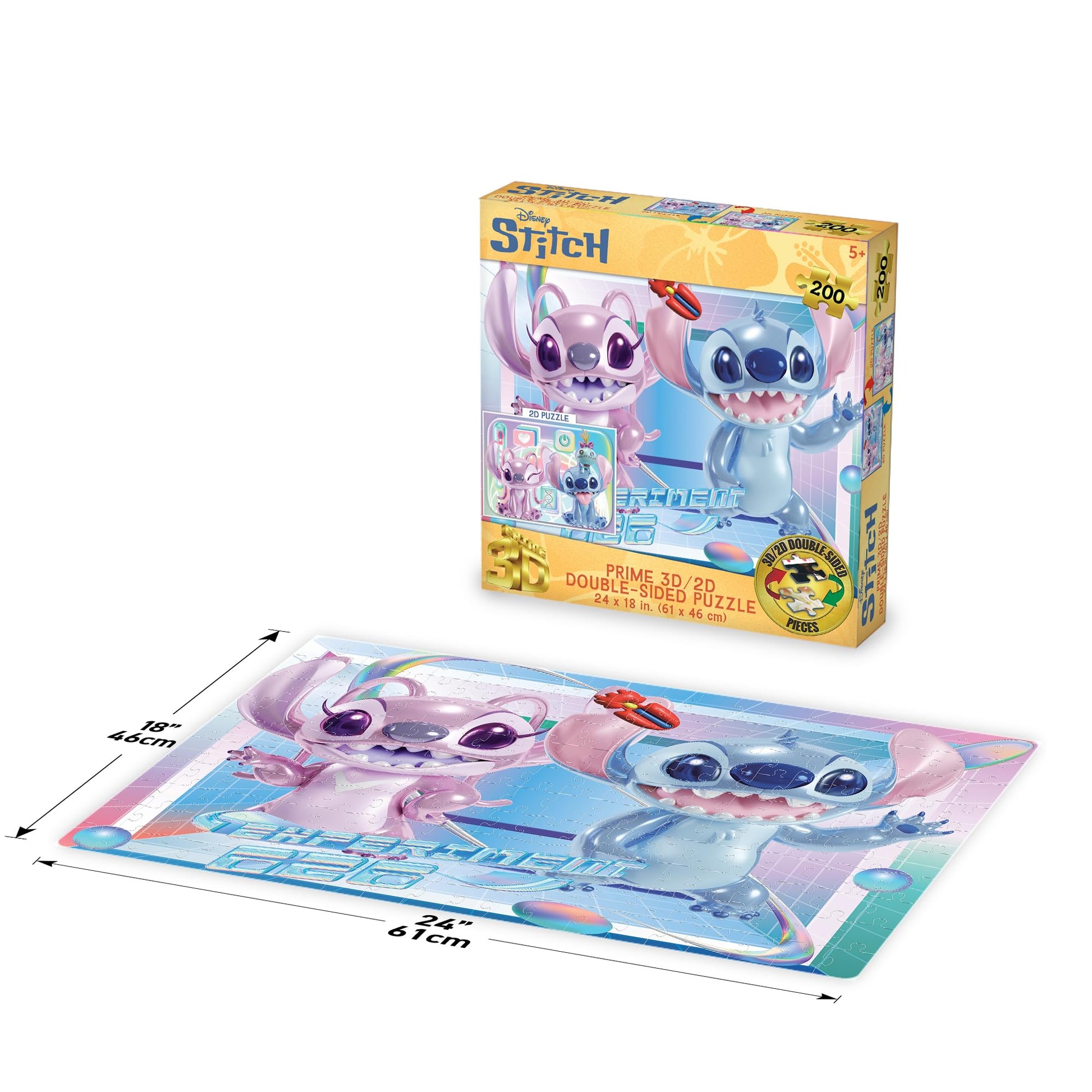 Prime 3D Stitch Double-Sided Puzzle - 200 Piece 3D/2D Lenticular Game for Kids & Families, 24"x18" Fun Activity with Motion, Official Disney Gift