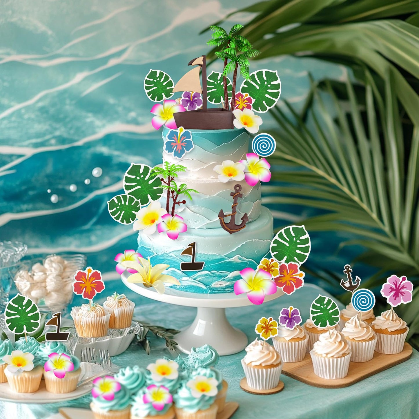 27PCS Coconut Tree Boat Hook Flower Cake Top Flower Cake Decoration Boat Birthday Party Decoration Supplies