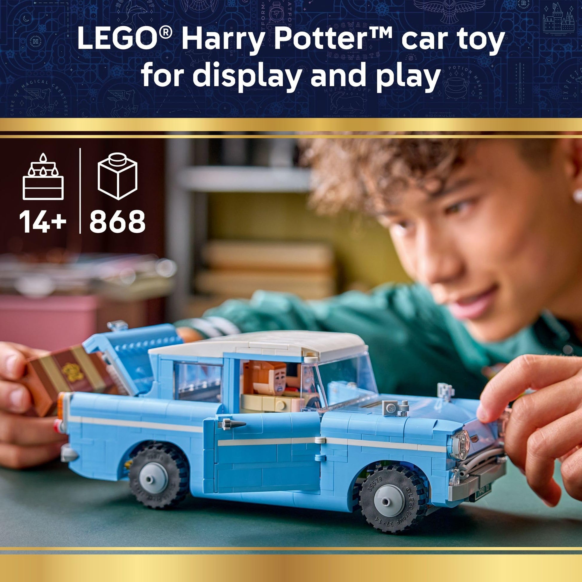 LEGO Harry Potter Enchanted Flying Ford Anglia Car Building Toy for Boys & Girls - Book Shelf & Bedroom Decor for Ages 14+ - W/Harry, Ron, & Hedwig