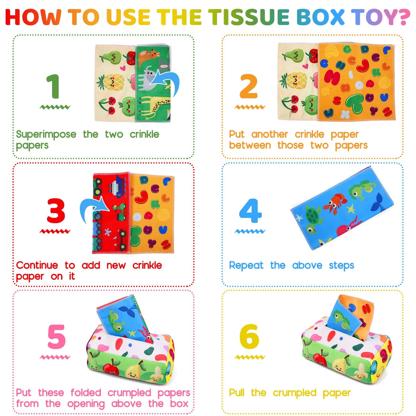 YOGINGO Baby Toys 6 to 12 Months - Tissue Box Toy Montessori for Babies 6-12 Months, Soft Stuffed High Contrast Crinkle Infant Sensory Toys