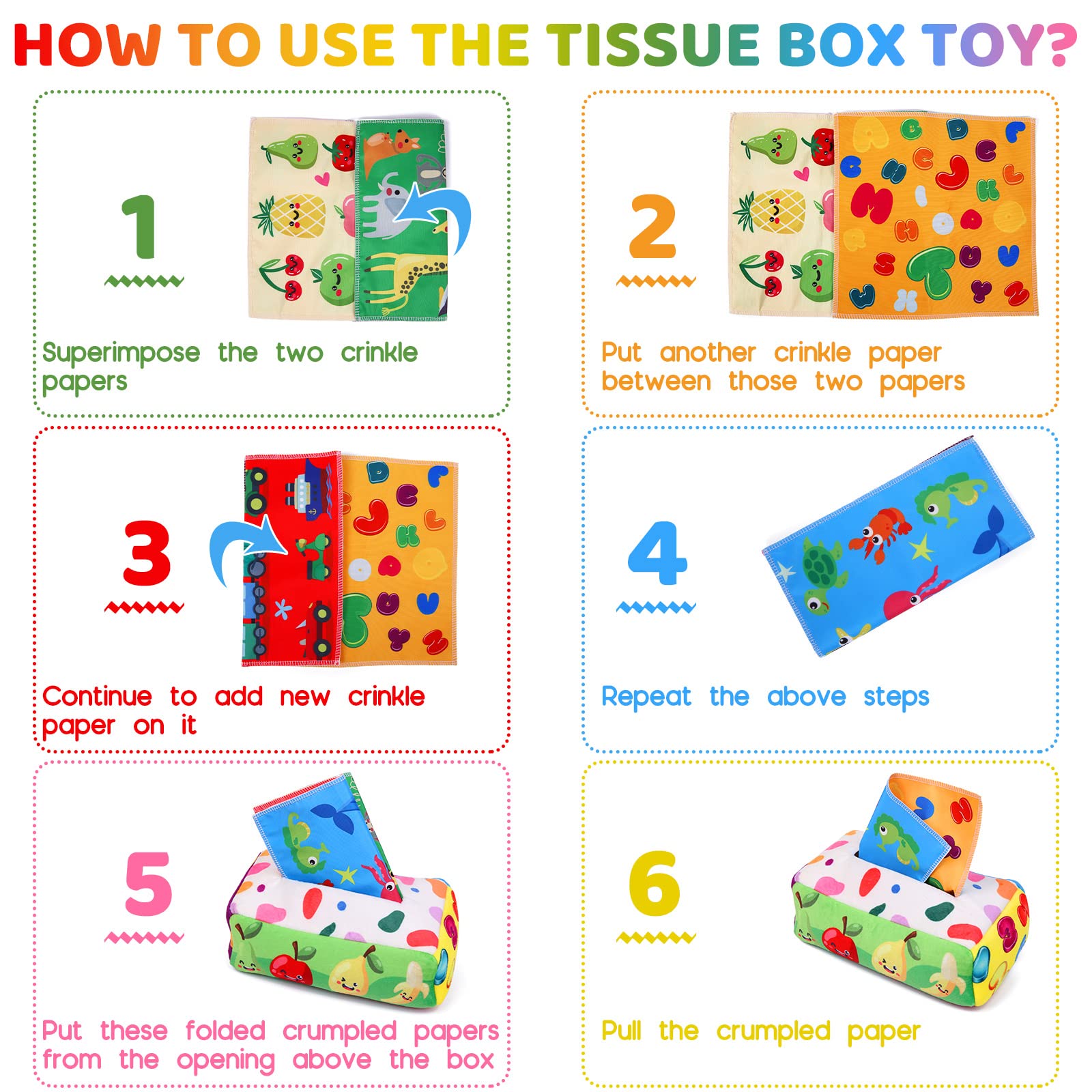 YOGINGO Baby Toys 6 to 12 Months - Tissue Box Toy Montessori for Babies 6-12 Months, Soft Stuffed High Contrast Crinkle Infant Sensory Toys