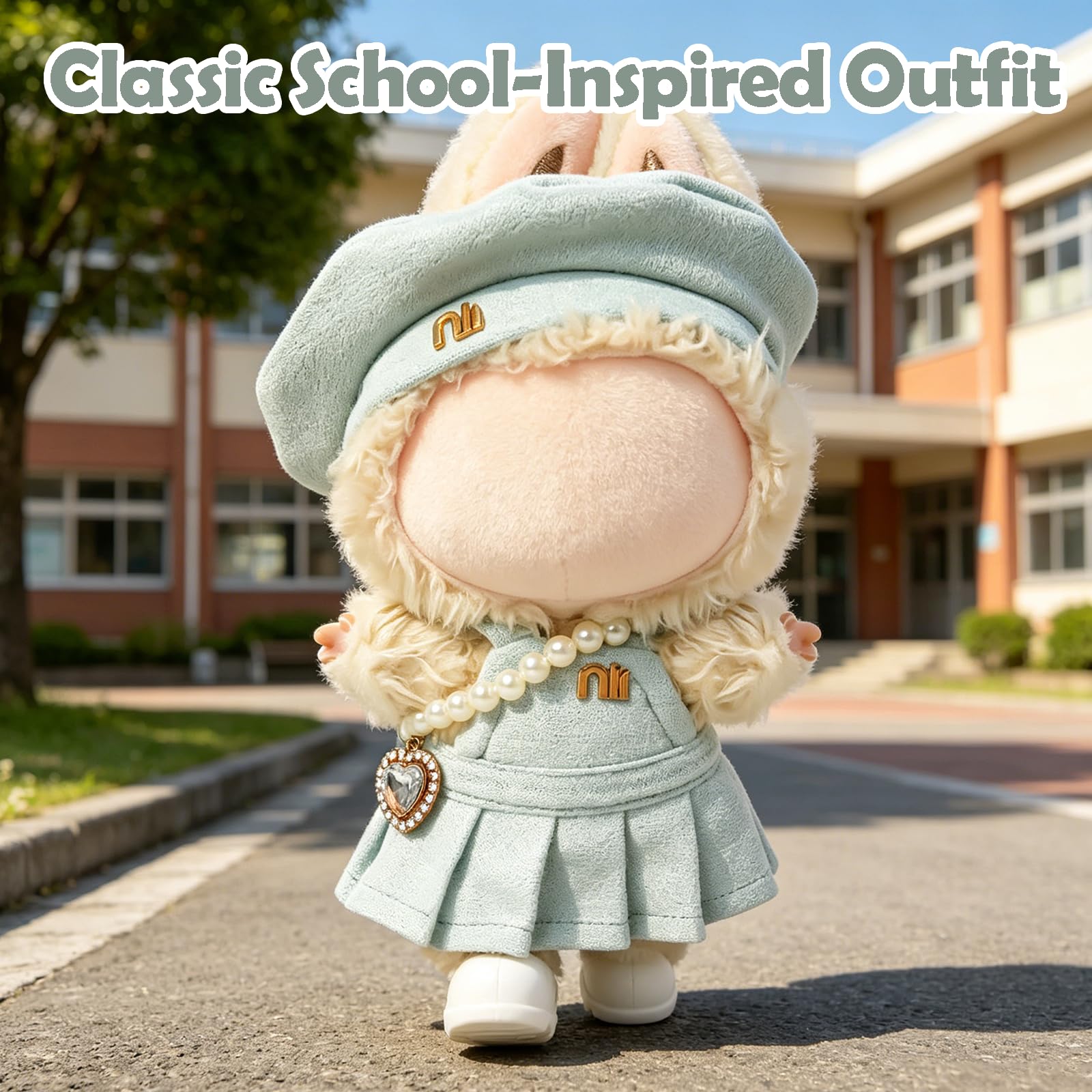 Clothes Compatible with LABUBU Doll - 4PCS Frosted Mint Set, 17cm Doll Clothes Designer Outfit for Campus Classic Theme, Chic Stylish Accessories
