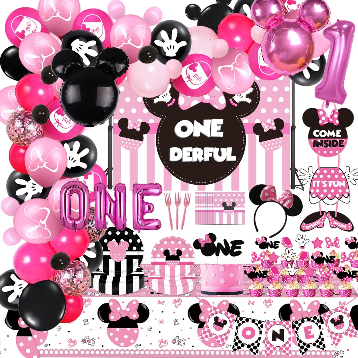 185 Pcs Pink 1st Birthday Party Decorations, Girls Onederful Balloons Arch Garland Kit, Pink Cartoon Onederful Backdrop, TableCloth, Tableware