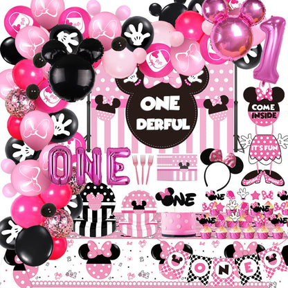 185 Pcs Pink 1st Birthday Party Decorations, Girls Onederful Balloons Arch Garland Kit, Pink Cartoon Onederful Backdrop, TableCloth, Tableware