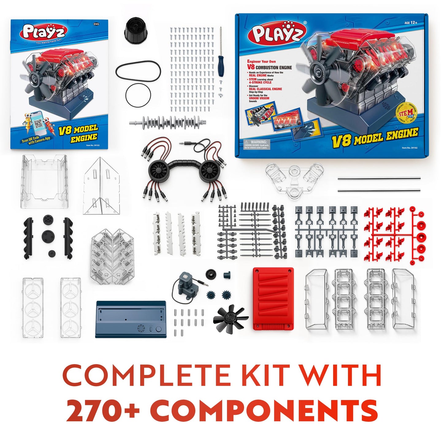 Playz V8 Combustion Engine Model Kit that Runs - Build Your Own STEM Mini V8 Model Engine Kit for Adults & Kids Age 12+, Visible V8 Mini Engine Kit