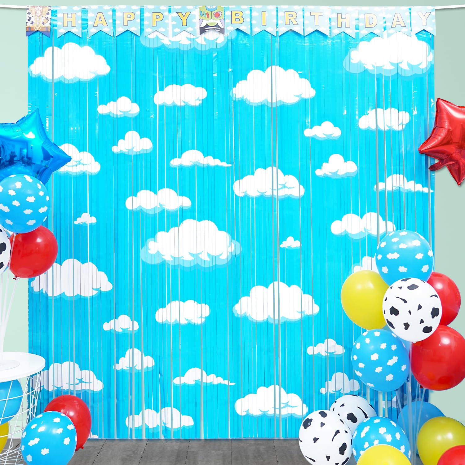 Cartoon Toy Inspired Story Birthday Party Decoration, 2 Pack Story Party Photo Booth Prop, Blue Sky White Cloud Fringe Curtains Tinsel Photo Streamers