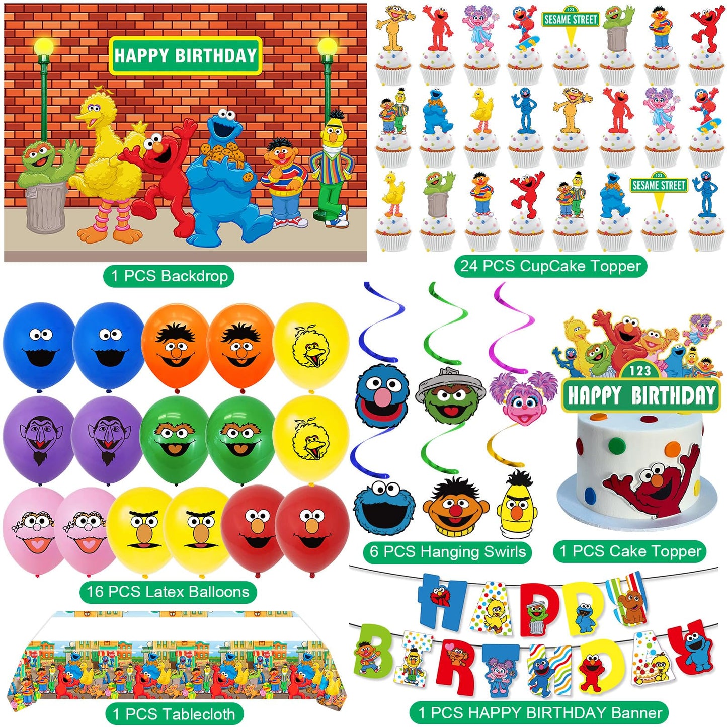 Sesame Friends Street Birthday Party Supplies, Party Decorations Set Include Banner, Backdrop, Balloons, Hanging Swirls, Cake Cupcake Toppers