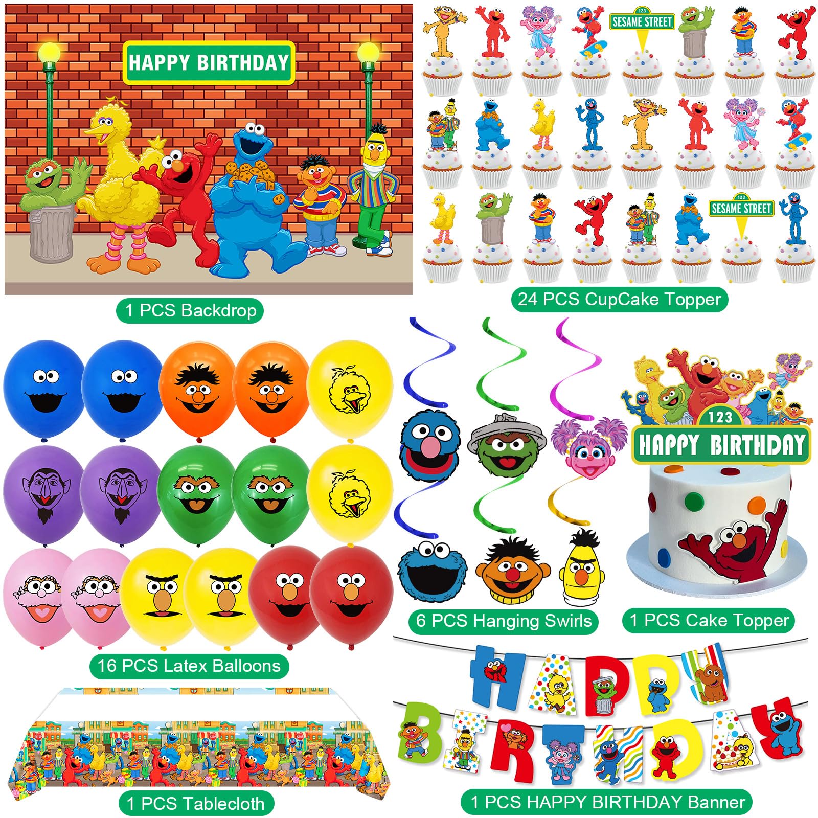 Sesame Friends Street Birthday Party Supplies, Party Decorations Set Include Banner, Backdrop, Balloons, Hanging Swirls, Cake Cupcake Toppers