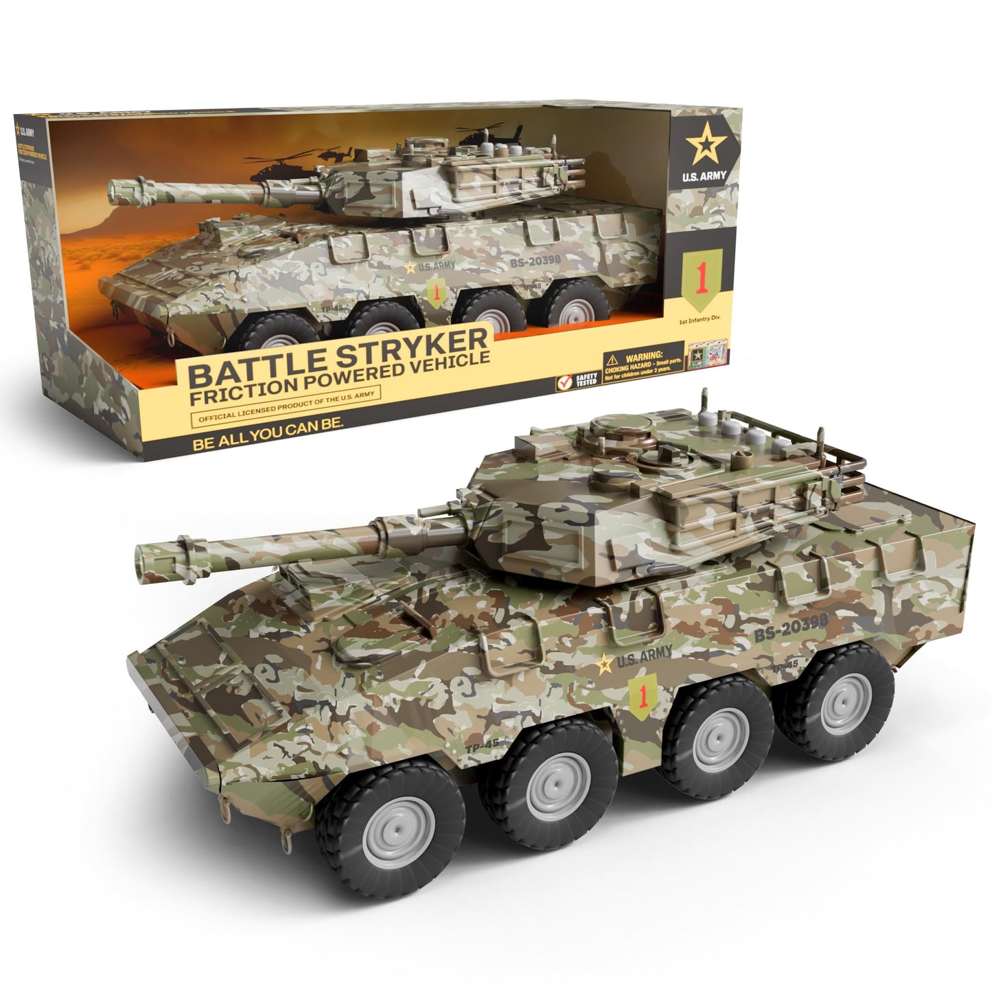 Lollipop U.S. Army Tank Vehicle Toy for Toddlers and Kids 3+ Friction Powered - Toy Battle Stryker Friction Powered Vehicle Realistic Lights
