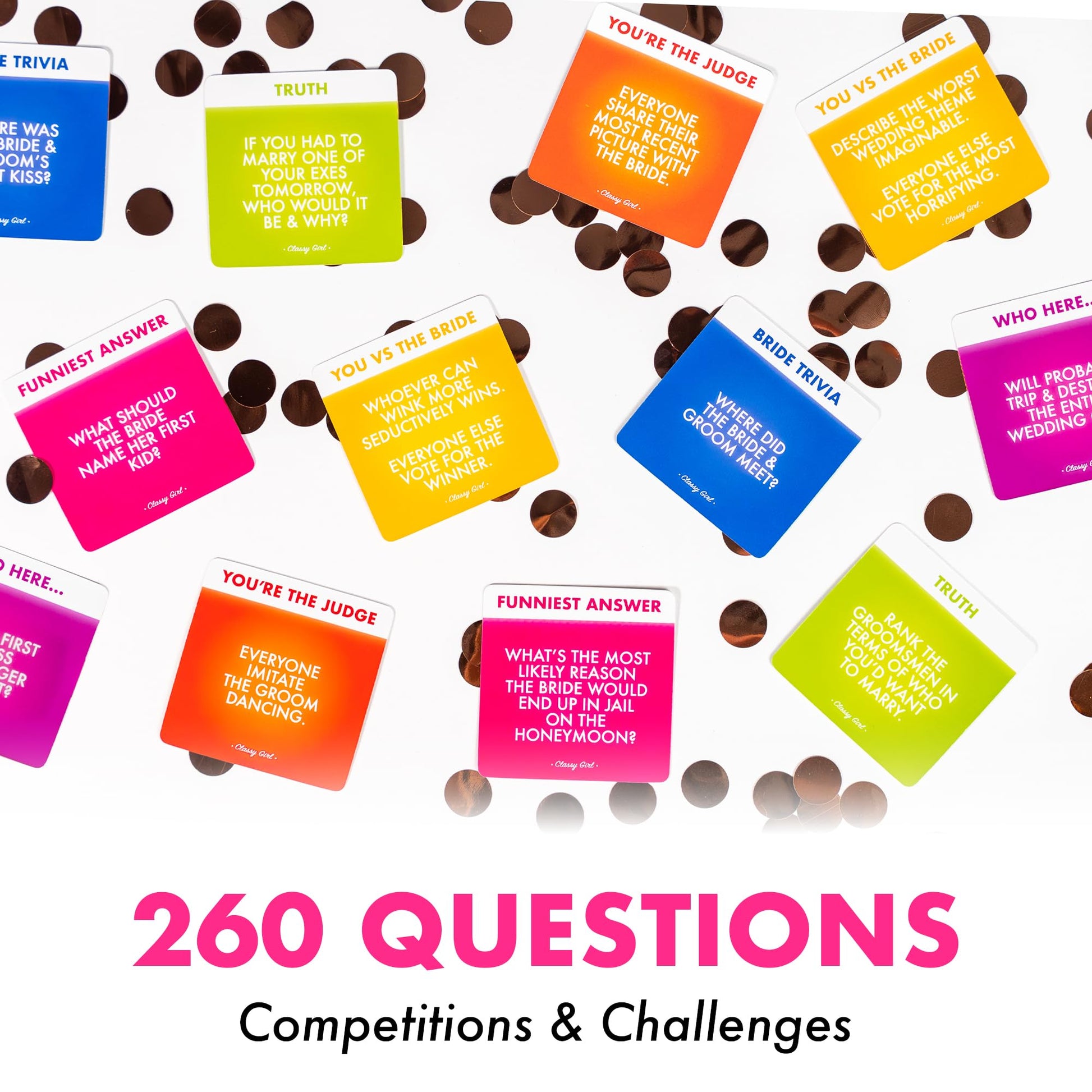 Classy Girl Bachelorette Party Game - 260 Funny Questions & Challenges for Adults - Bridal Shower Accessory & Favor for The Bride