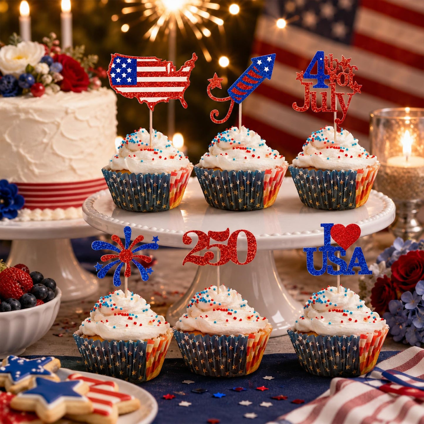 24Pcs Red Blue Stars Cupcake Toppers, 4th Of July Patriotic Independence Day Party Supplies Cake Dessert Ice Cream Toppers, Anniversary Patriotic