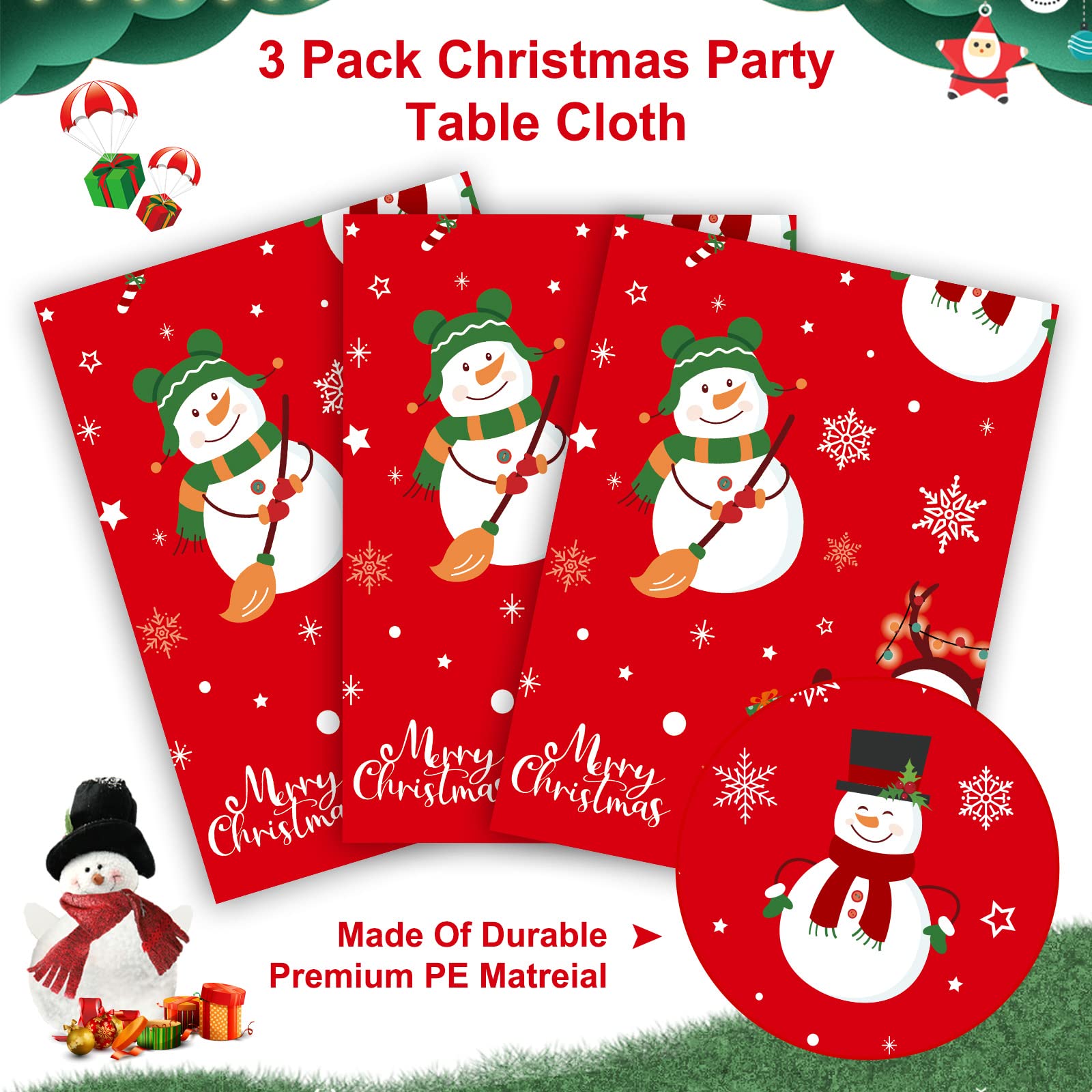 3 Pcs Christmas Tablecloth - Snowman Christmas Table cover, Disposable Plastic Rectangle Xmas Snowman Snowflakes Party Table cloths for Christma