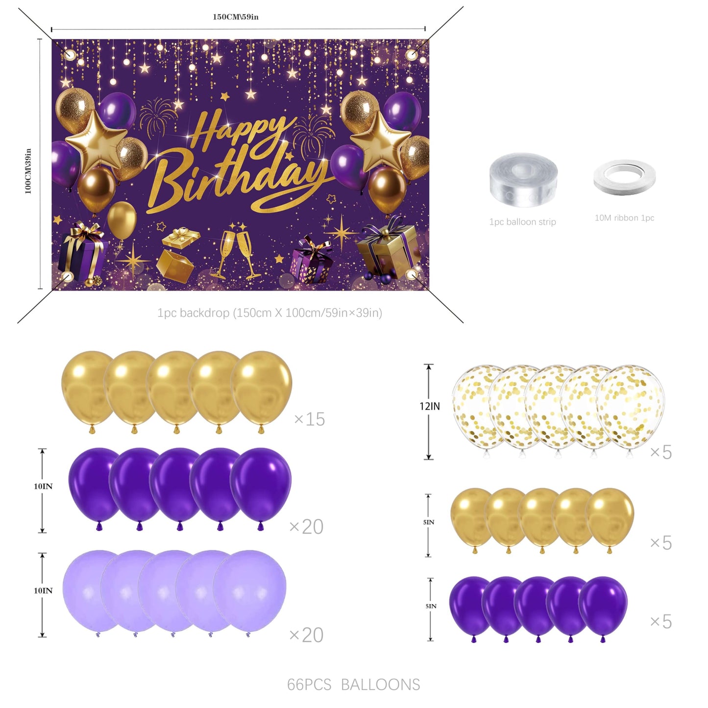 Purple and Gold Birthday Decorations for Women,Party Supplies with Happy Birthday Backdrop,Balloon Garland Arch Kit For Girls