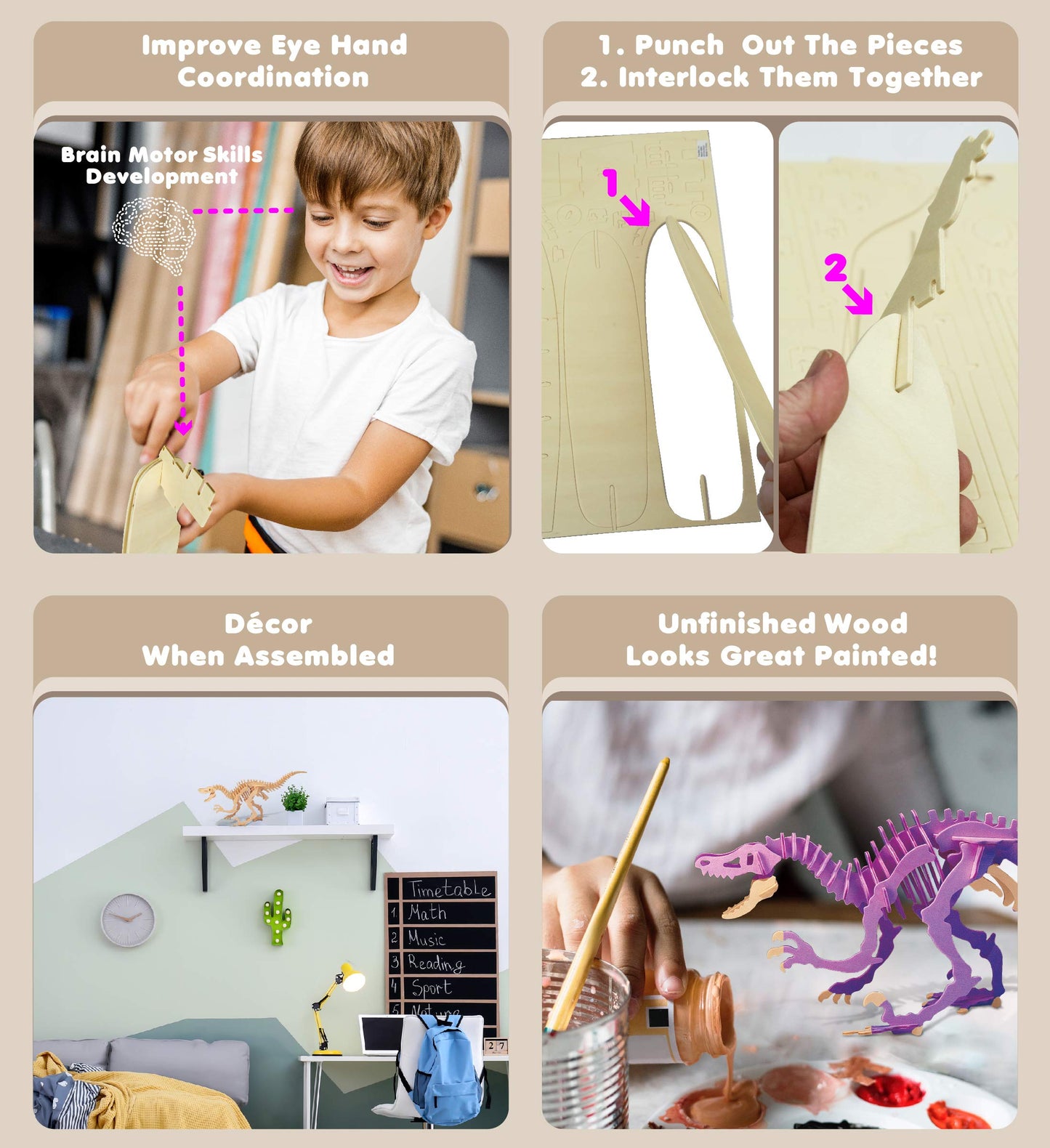 Puzzled 3D Puzzle Velociraptor Dinosaur Wood Craft Construction Kit Fun Unique & Educational DIY Wooden Dino Toy Assemble Model Unfinished Craft Hobby