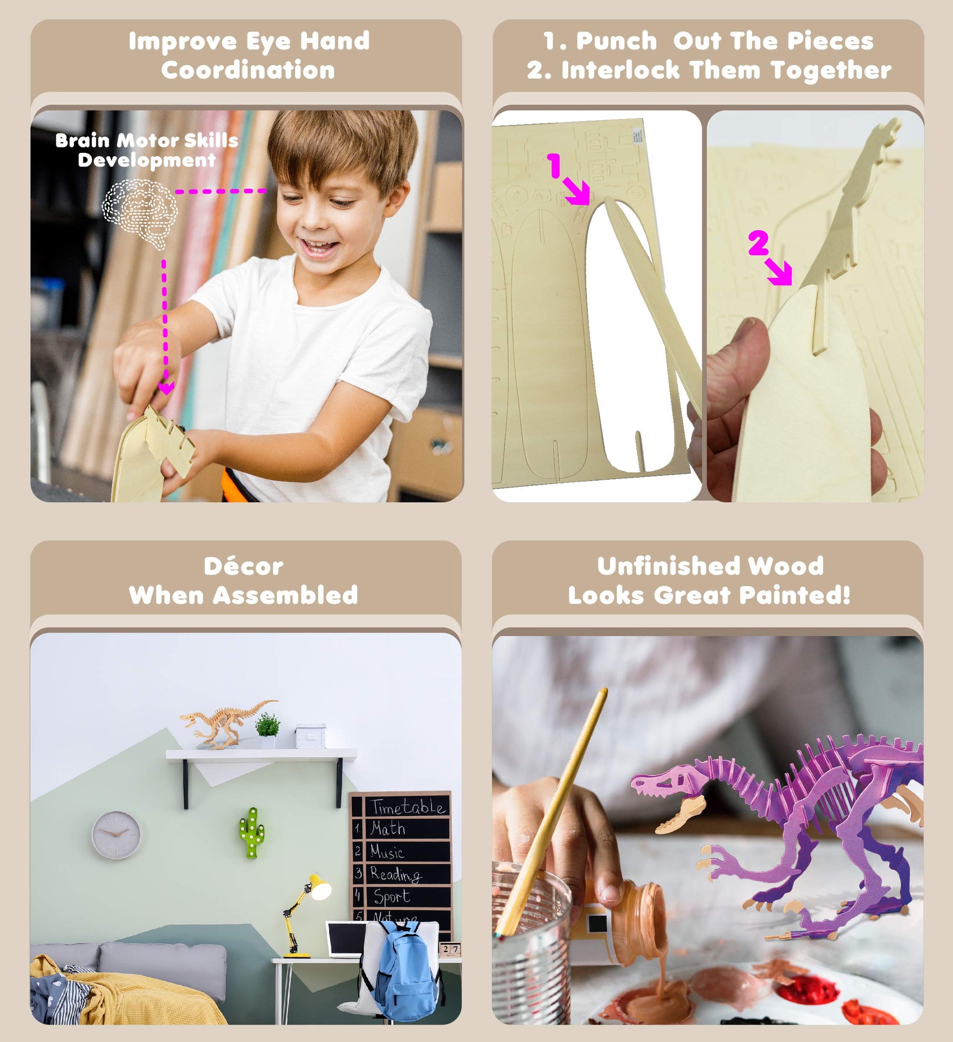 Puzzled 3D Puzzle Velociraptor Dinosaur Wood Craft Construction Kit Fun Unique & Educational DIY Wooden Dino Toy Assemble Model Unfinished Craft Hobby