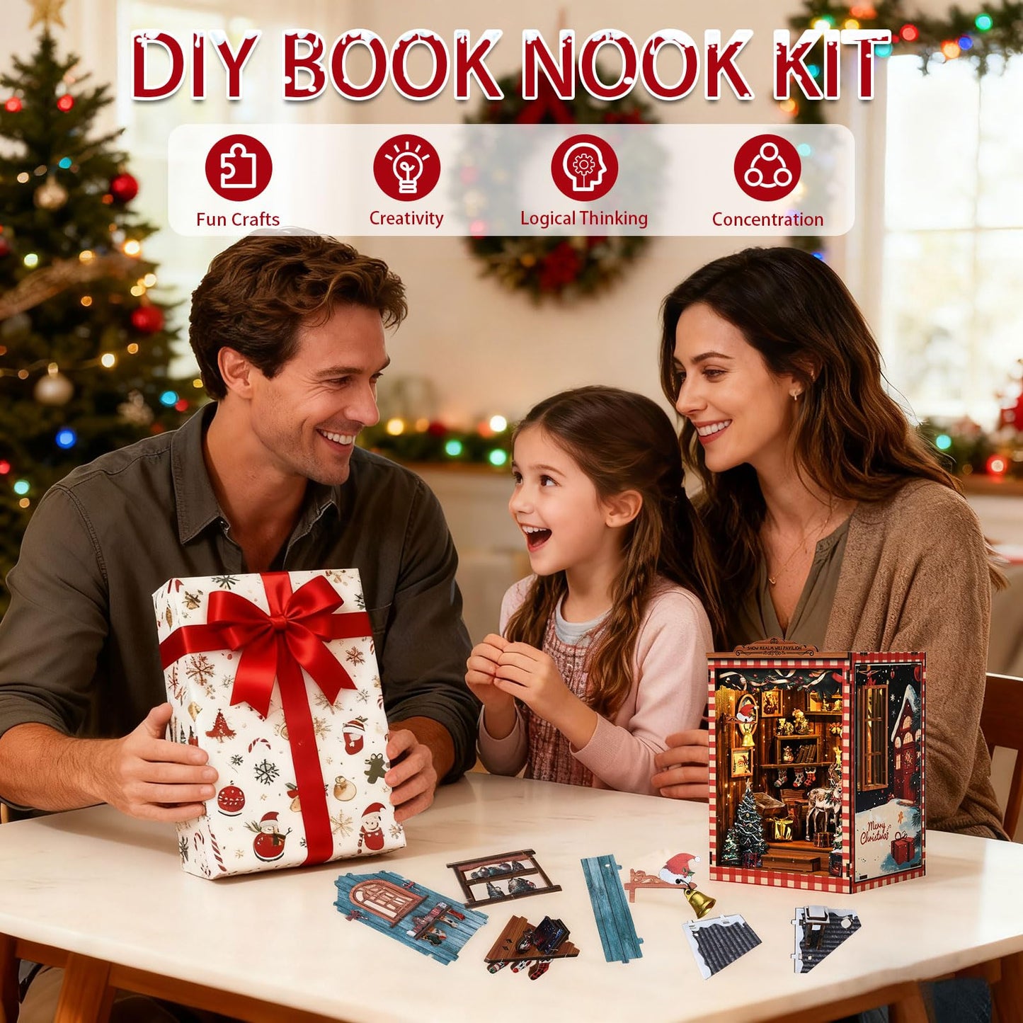 Book Nook Kit for Adults, DIY 3D Wooden Puzzle Miniature Booknook Kit with LED Sensor Light, Crafts Bookshelf Decoration Gift for Adults and Teens