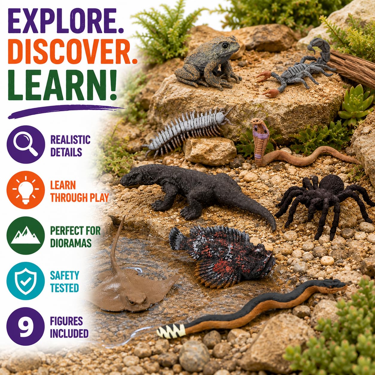 Safari Ltd. Venomous Creatures TOOB - 9 Figurines: Toad, Snake, Ray, Komodo Dragon, Tarantula, Centipede, Scorpion, Stone Fish, Cobra - Educational