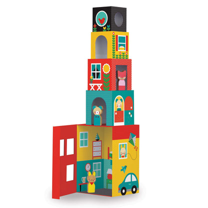 Petit Collage Peek-A-Boo Nesting and Stacking Blocks Playset, Includes 4 Stacking Boxes and 3 Wooden Characters - Easy Storage and Cute Illustrations