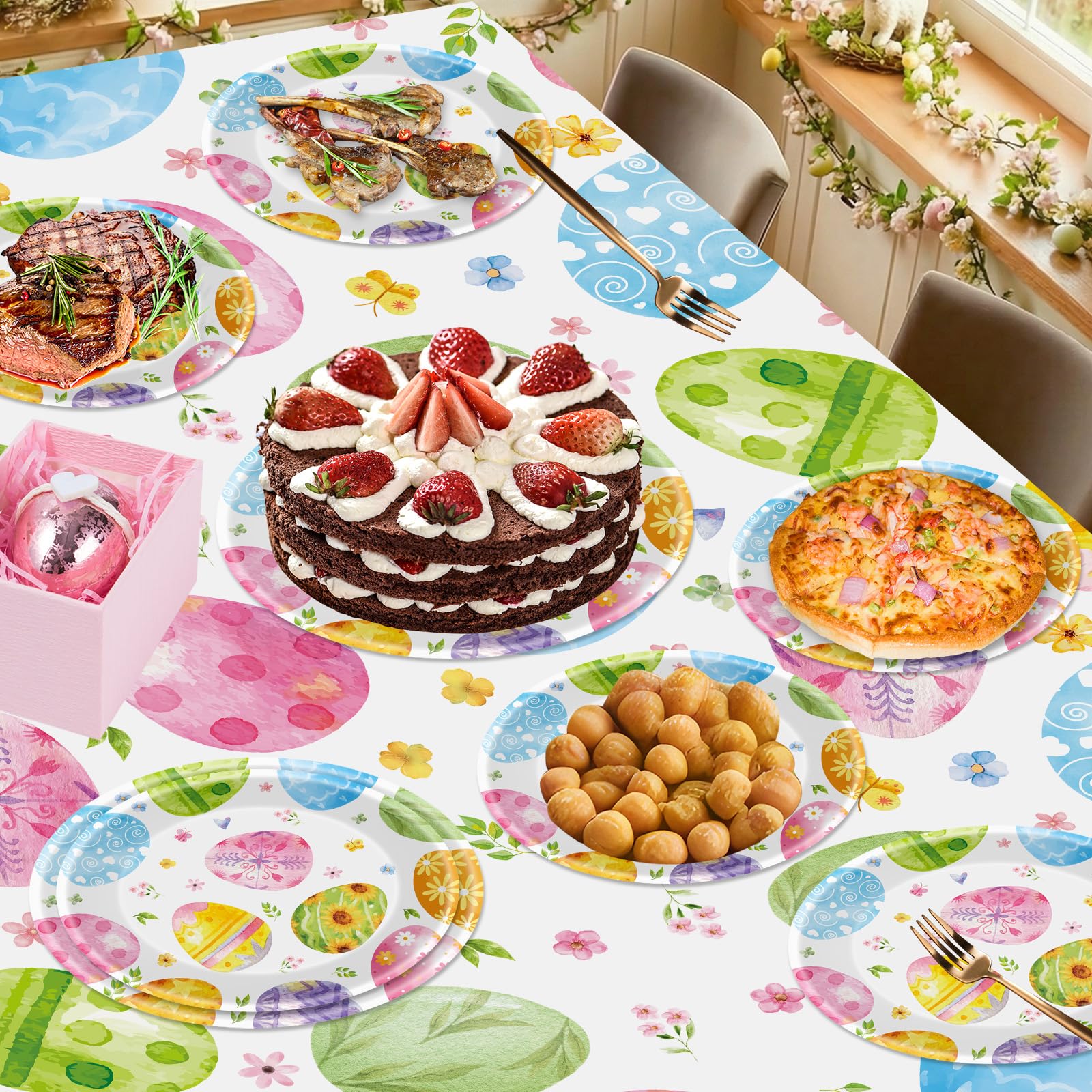 50 Pack Large Easter Plates Set - Watercolor Happy Easter Oval Paper Plates, Disposable Spring Colorful Eggs Oval Heavy Duty Dinner Dessert Plate