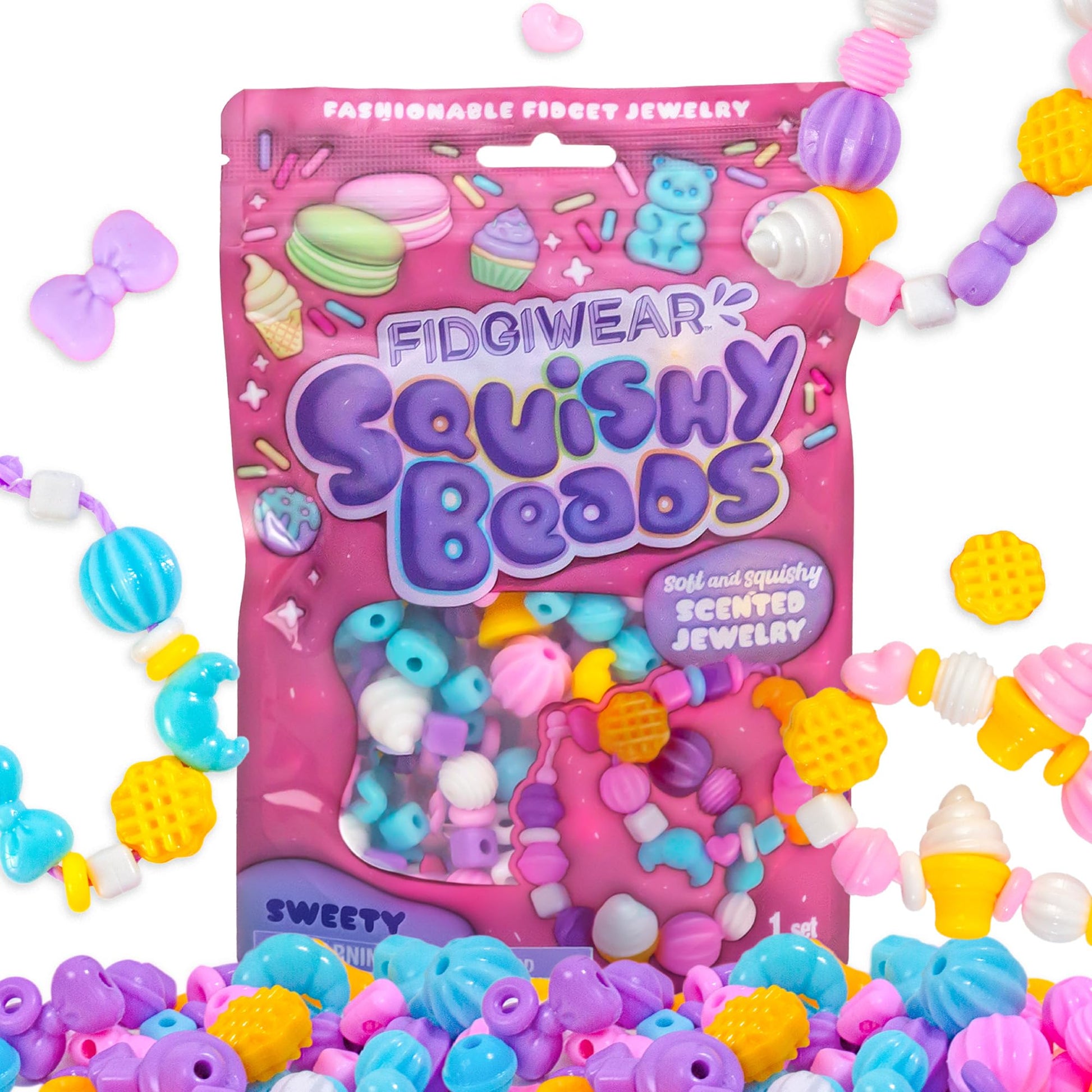 Fidgiwear Squishy Beads - Pink Sweety Theme, Create Fashionable Fidget Jewelry with Scented Squishy Beads for Jewelry Making, Toddler Sensory Bracelet
