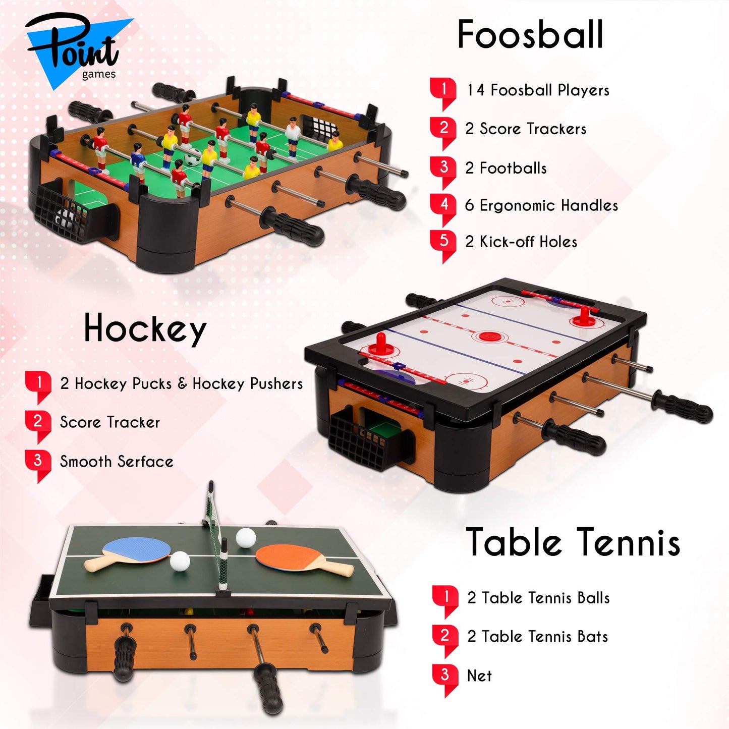 Point Games 3 in 1 Small Multi Game Set, Foosball, Air Hockey, Table Tennis - Portable Mini Arcade Table for Easy Carry - Perfect Arcade Gift