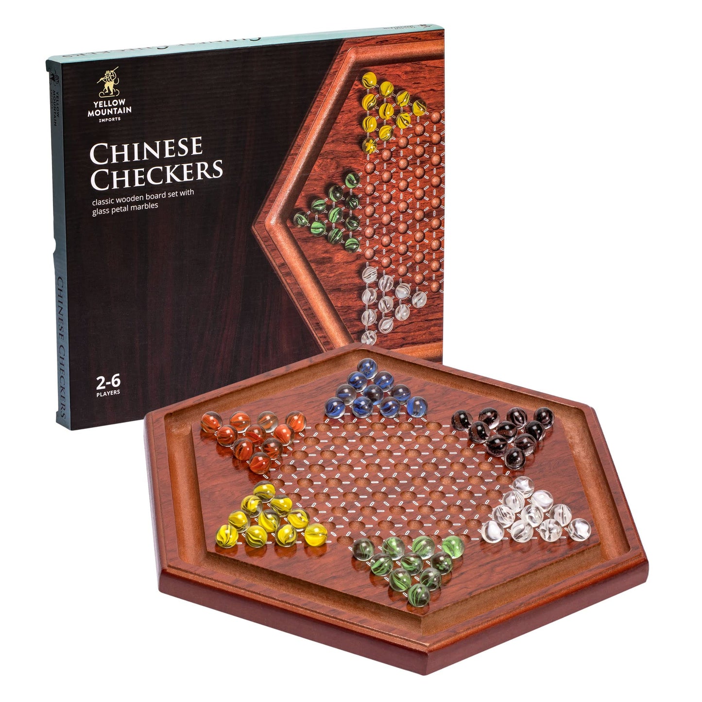 Yellow Mountain Imports Wooden Chinese Checkers Halma Board Game Set - 13.6-Inch - with 60 Colored Petal-Style Glass Marbles (16-Millimeter) - Classic