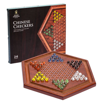Yellow Mountain Imports Wooden Chinese Checkers Halma Board Game Set - 13.6-Inch - with 60 Colored Petal-Style Glass Marbles (16-Millimeter) - Classic