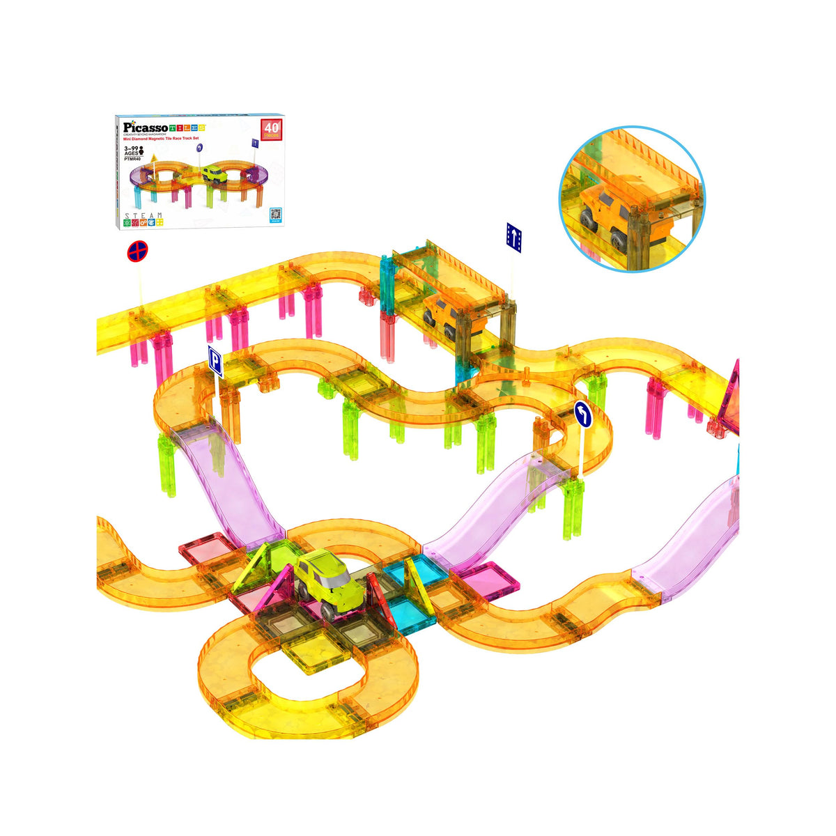 PicassoTiles Race Car Track Magnetic Tiles Travel Toy Sensory Magnet Tile Toys for Toddlers STEM Educational Learning Montessori Play Construction