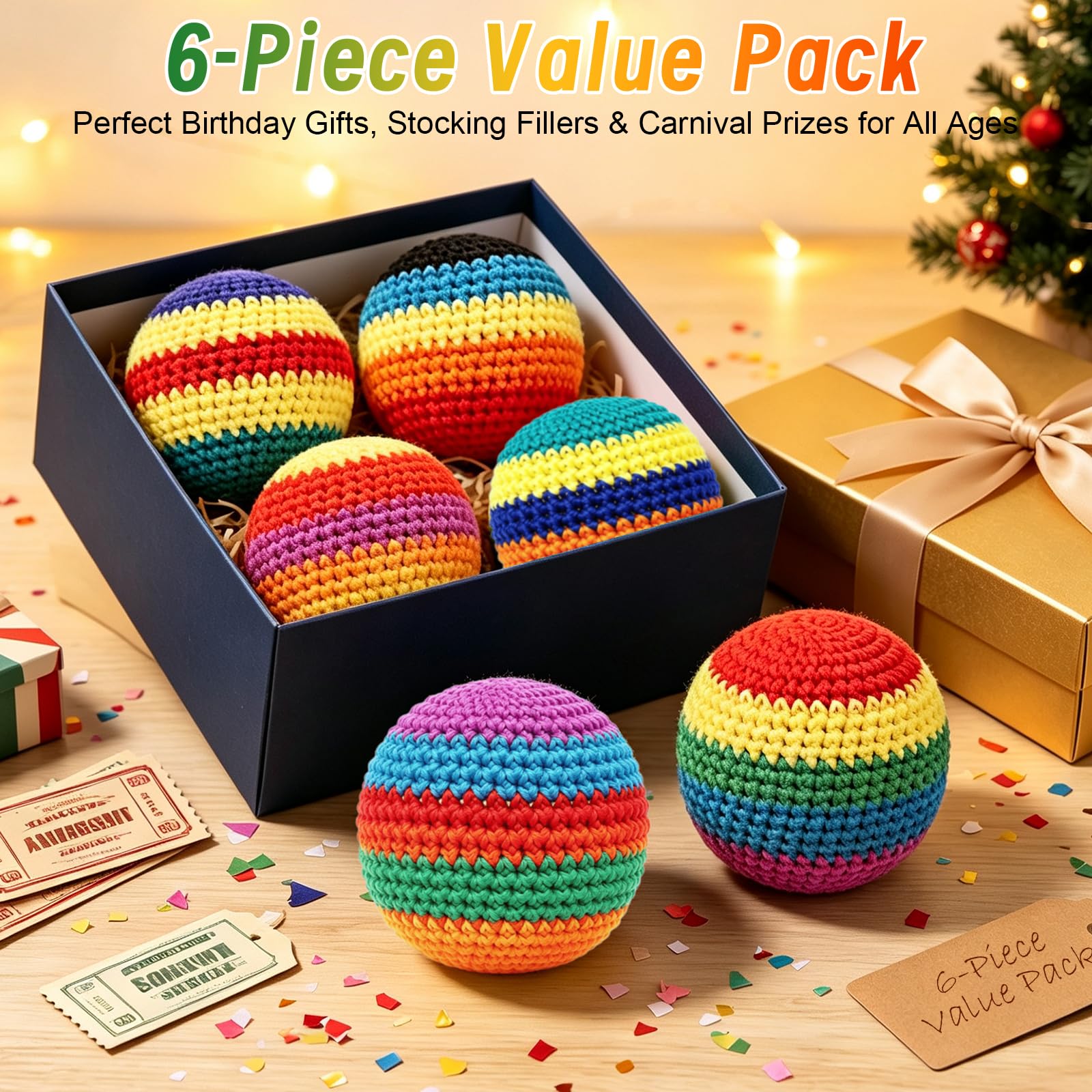 6 Pack Crocheted Footbags Handmade Knitted Balls for Tossing & Kicking Adults and Beginners Vibrant Sports Design for Indoor & Outdoor Play, Party