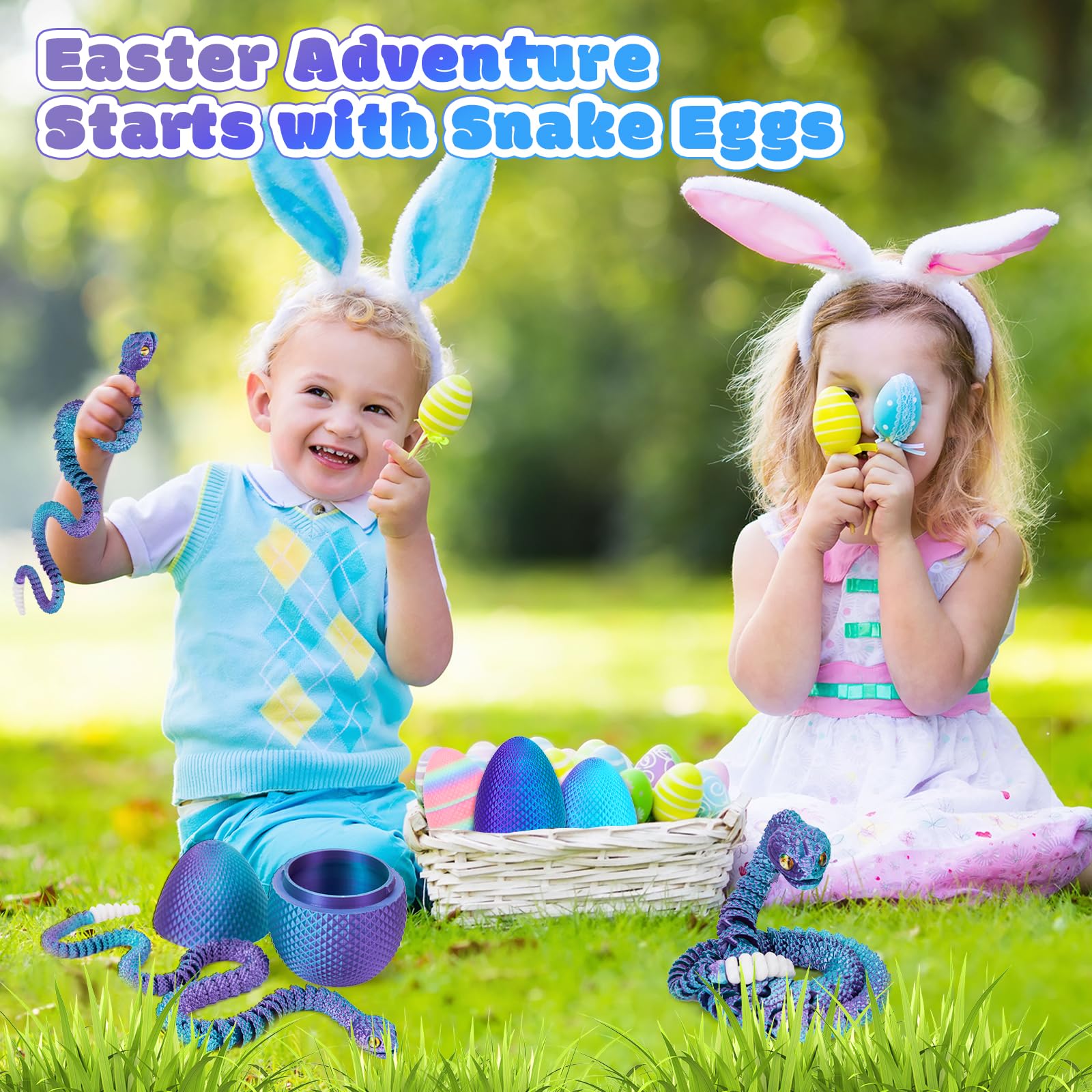 3D Printed Snake Eggs, Easter Egg Filled with Toy - Basket Essentials for Kids Boy Girls, Flexible Articulated 3D Printed Animal Fidget Toys (Cyan