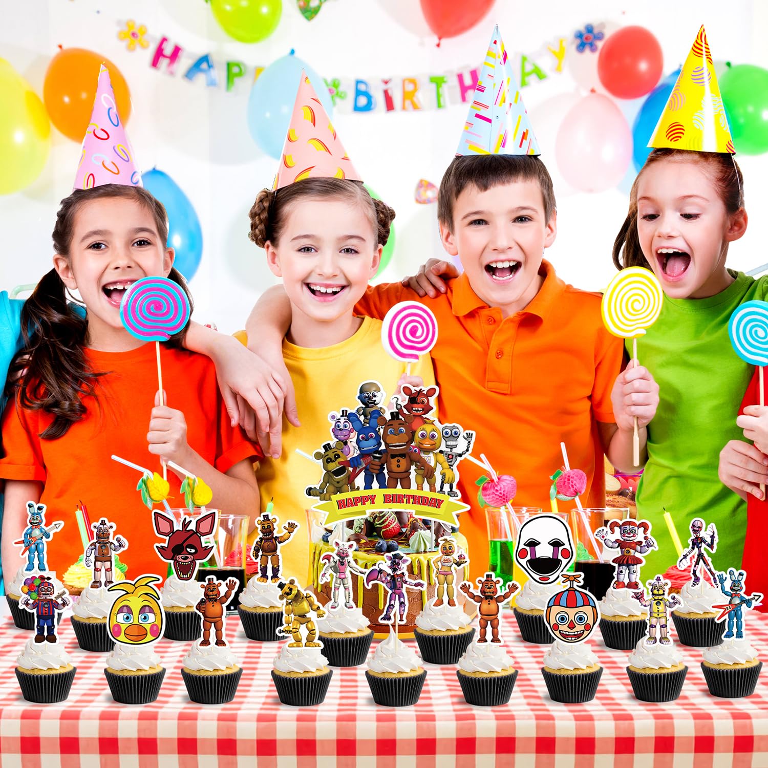 Genshii 37pcs 5 Nights cake decoration set include 1pc big cake topper 36pcs cupcake toppers for Freddy's Theme birthday party decor (FNAF)