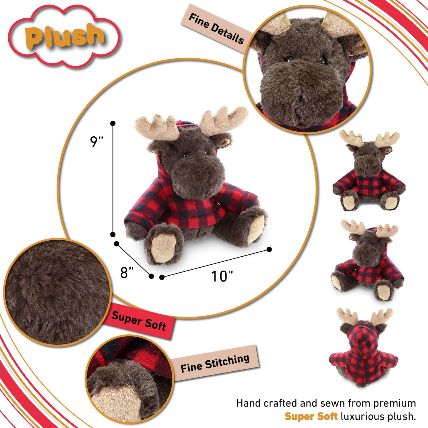 DolliBu Super Soft Moose Stuffed Animal with Plaid Red Hoodie Sweater - Cute Moose Plush Lumberjack Stuffed Toy with Plaid Jacket Animal Hoodie Dress