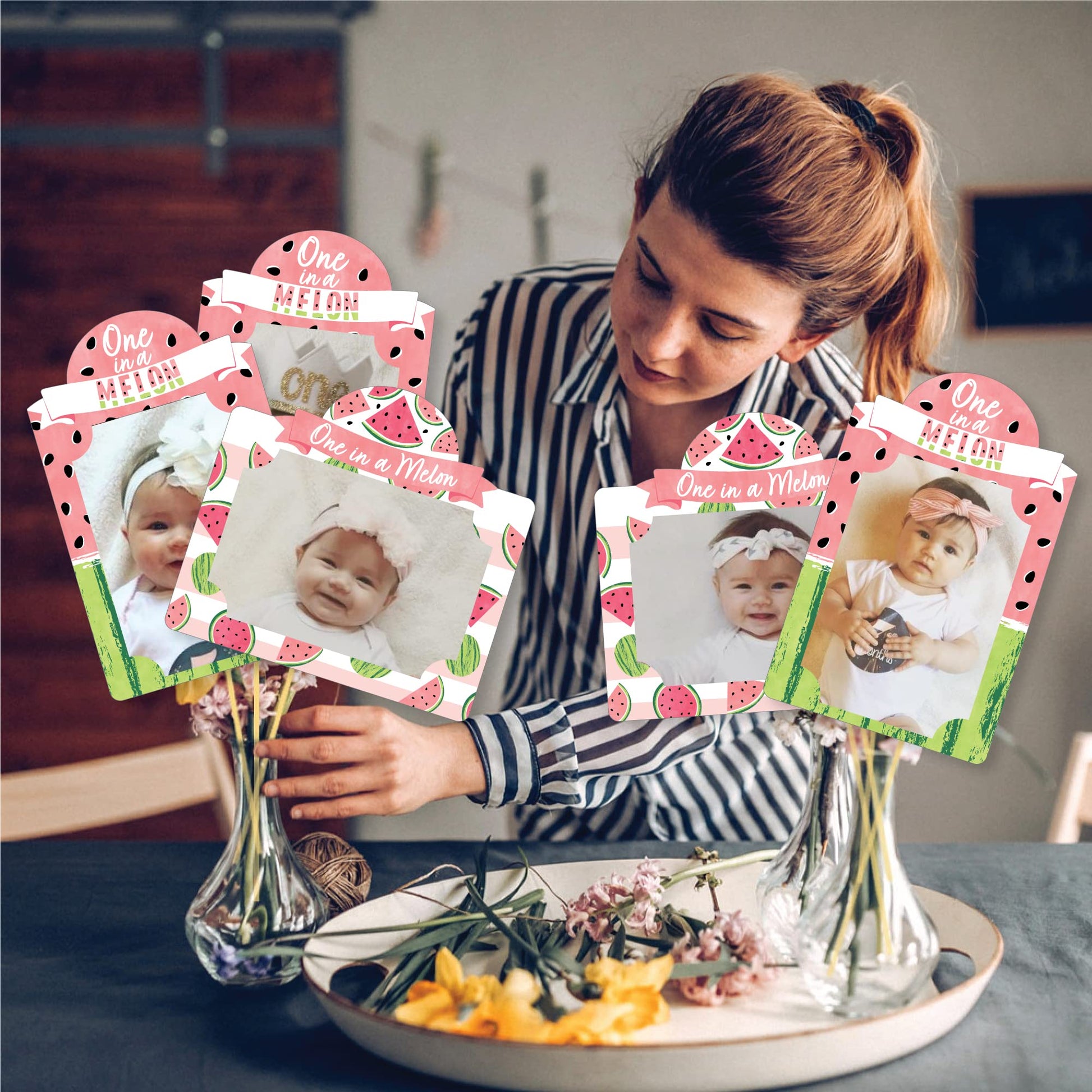 Big Dot of Happiness 1st Birthday One in a Melon - Fruit First Birthday Party Picture Centerpiece Sticks - Photo Table Toppers - 15 Pieces