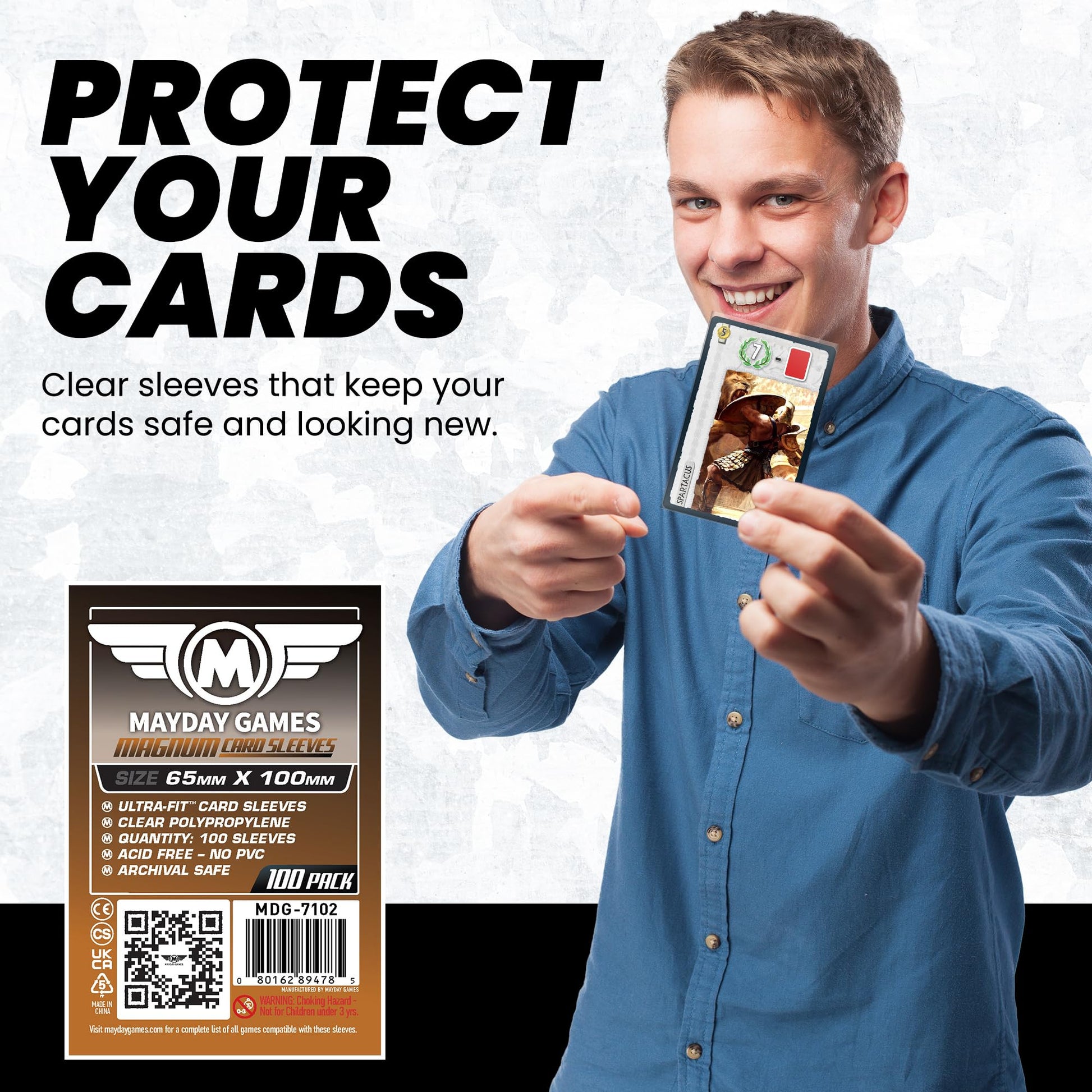 MayDay Games Magnum Card Sleeves 65x100mm - Clear Polypropylene, 40 Micron, 100 Standard Board Game Card Sleeves, Compatible with 7 Wonders - MDG-7102