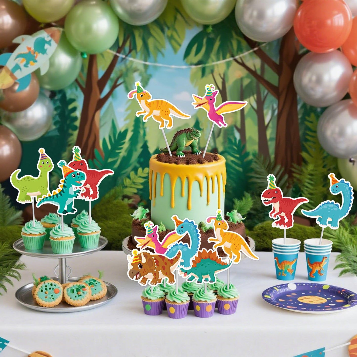 40Pcs Dinosaur Cupcake Toppers, Cute Tyrannosaurus Rex Triceratops Cupcake Picks Dinosaur Cake Topper Picks for Kids Birthday Baby Shower Dino Party