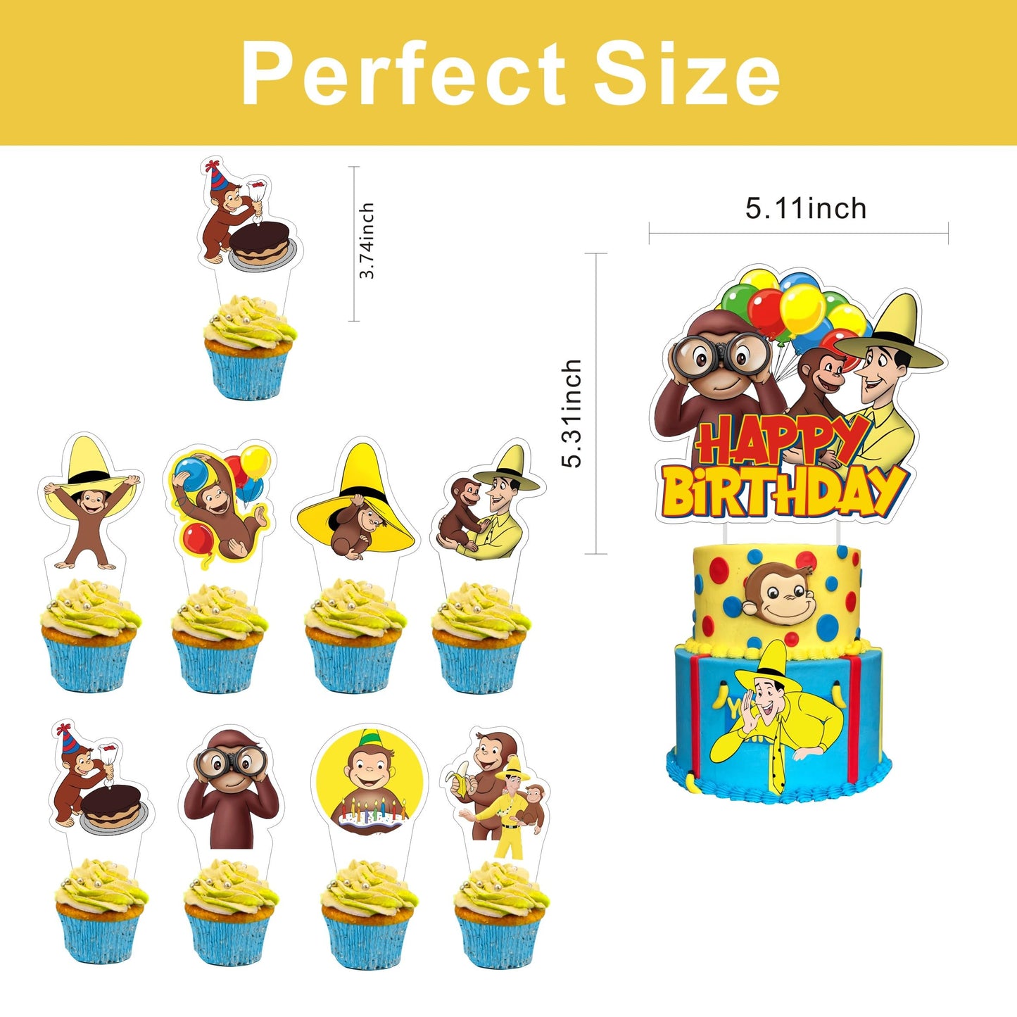 25pcs Cartoon For George of Curious Birthday Decorations with 24pcs Cupcake Toppers,1pcs Cake Topper for Cartoon Birthday Party Supplies.
