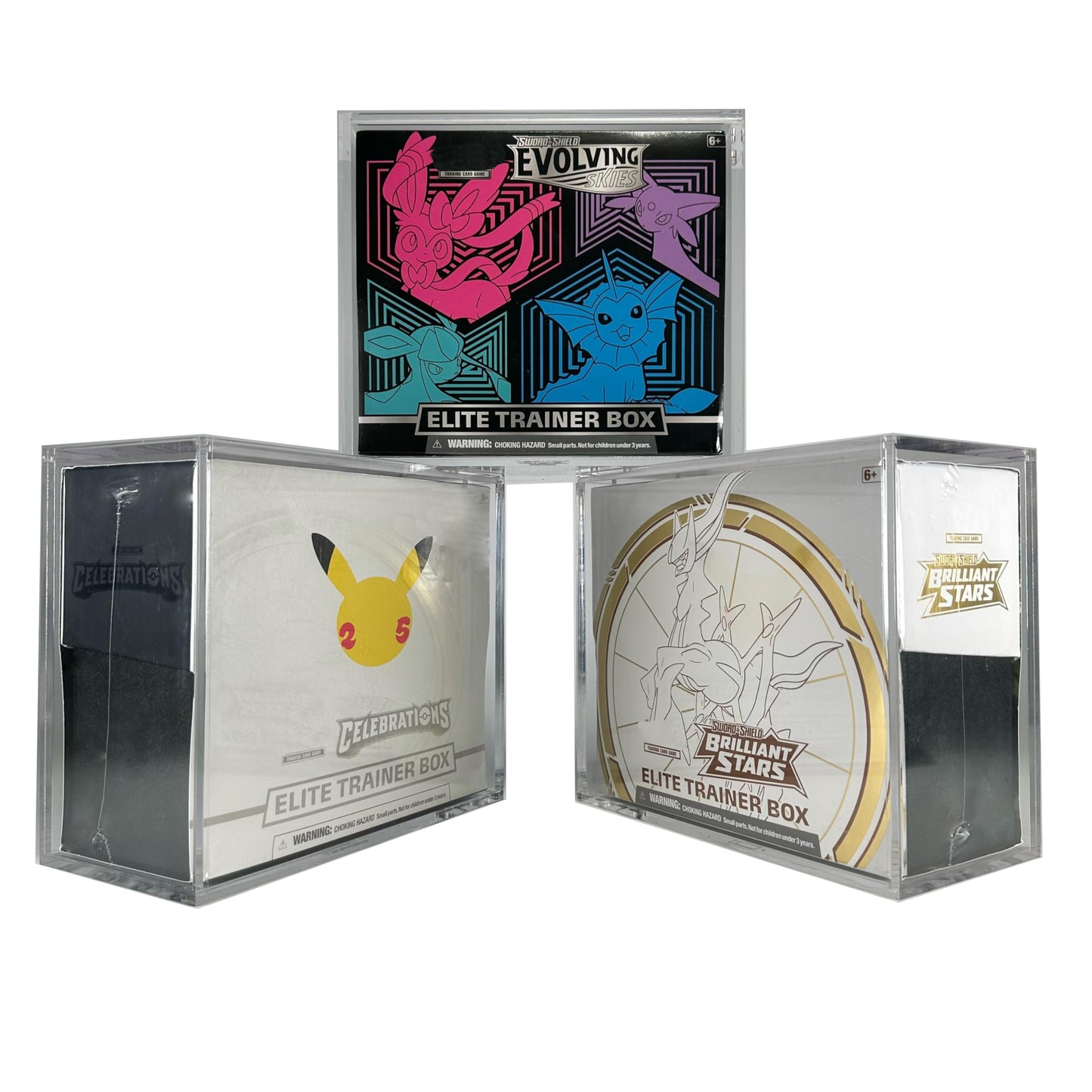 TCGHalo Acrylic ETB Case (3 Pack) - Secure Sliding Magnetic Top Loading Clear Case - Elite Trainer Box Clear Display Case 6mm Thick Acrylic
