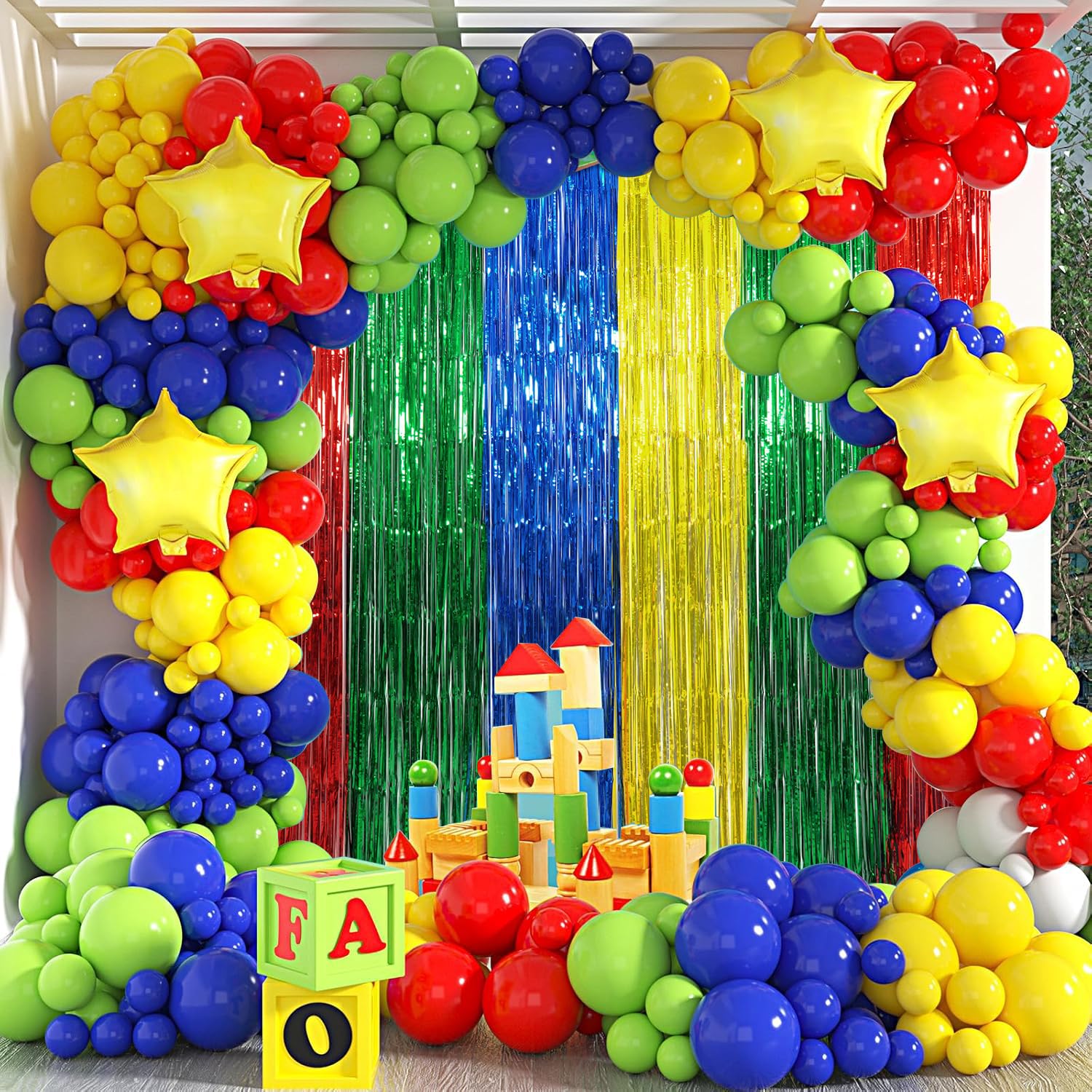 Super Bros Birthday Party Decoration, Including 2Pack Red Green Blue Yellow Foil Fringe Curtains, 1pc Mario Themed Birthday Banner & 22pcs Balloons