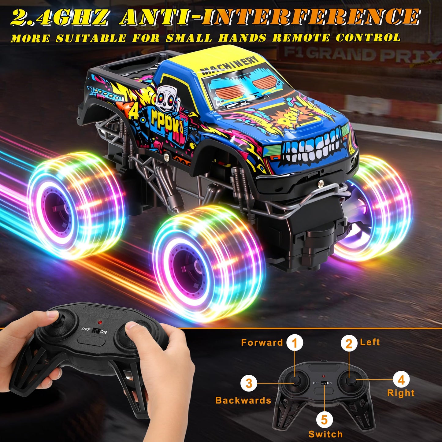 Remote Control Monster Truck Toys for Kids, 1:20 Scale 2.4GHz RC Car with Lights, All Terrain Rechargeable RC Truck with 2 Rechargeable Batteries, Toy