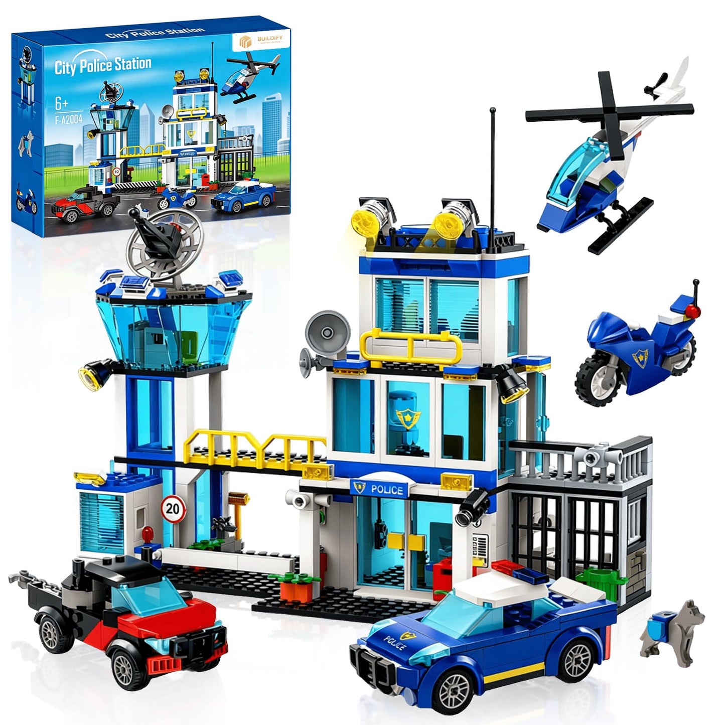 BUILDIFY City Police Station Building Block Set with Light, 634 PCS HQ Station Kits with Helicopter, Police Car and Motorcycle. Ideal as a Birthday
