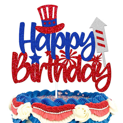 Levvcirki Independence Day Cake Topper Happy Birthday Cake Decoration for Boys Girls Red and Blue Glitter USA Patriotic Cake Decorations for Happy 4th