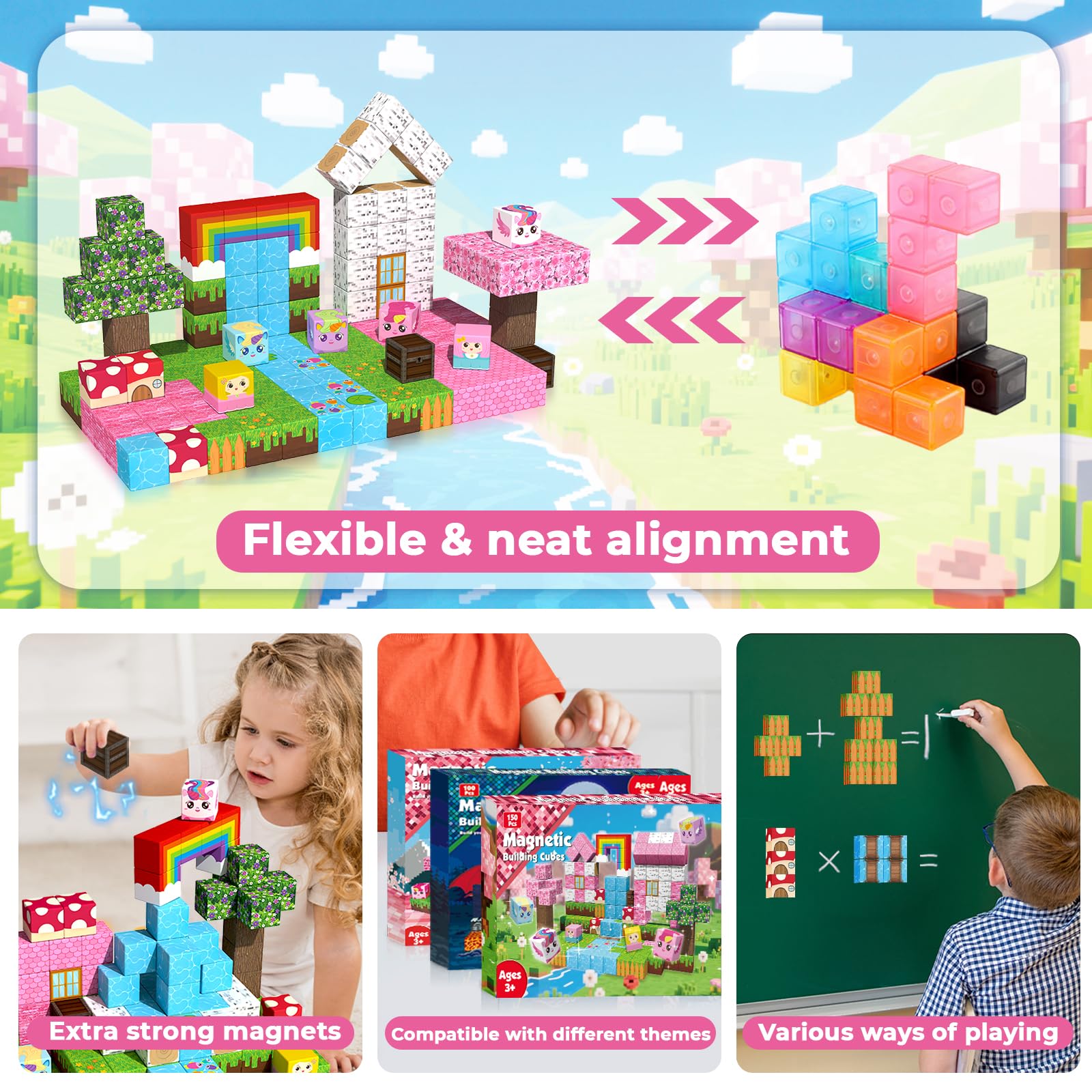Annexfun Magnetic Blocks - 150PCS Building Blocks Unicorn Cubes - Toys for Montessori Toddler Christmas Birthday Gifts - STEM Sensory Toys for 3 4 9