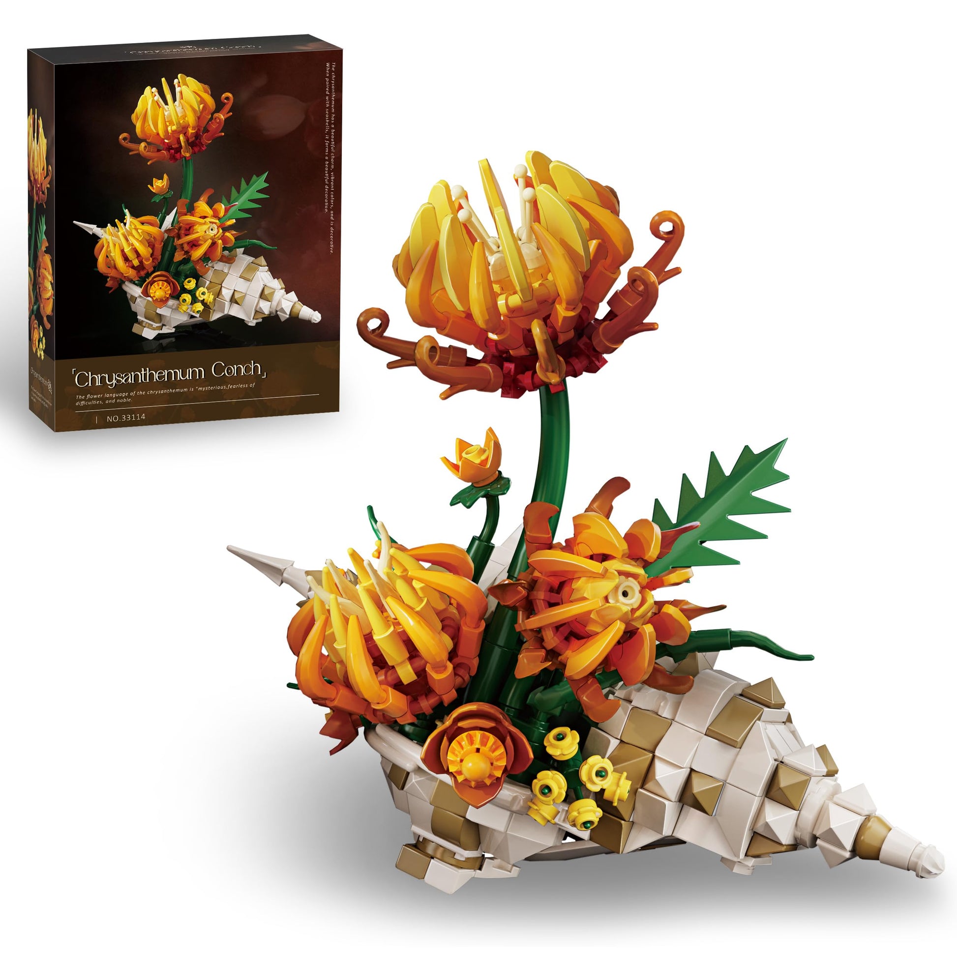 Vziimo Chrysanthemum Building Set, MOC Chrysanthemum Botanicals & Conch Model Kit for Home Office Decor, Artificial Flower Gift Toy for Adults Woman