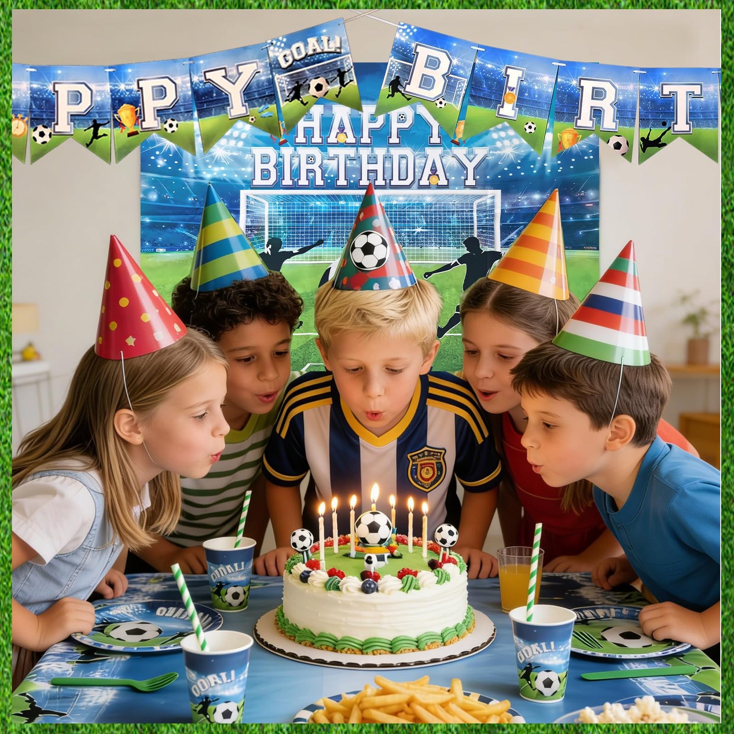 Soccer Birthday Party Supplies Set 93 PCS, Football Theme Decorations with , Cups, Napkins, Tablecloth, Banner & Backdrop, Eco-Friendly Disposable