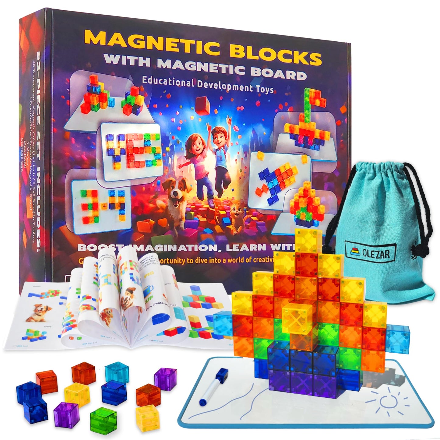 OLEZAR 48pcs Magnetic Transparent Blocks, 1inch, 2-in-1 STEM Set with Board, Marker & Book, Educational Building Toy for Kids 3-5, Learning Building