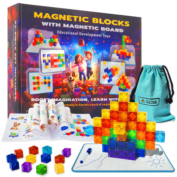 OLEZAR 48pcs Magnetic Transparent Blocks, 1inch, 2-in-1 STEM Set with Board, Marker & Book, Educational Building Toy for Kids 3-5, Learning Building