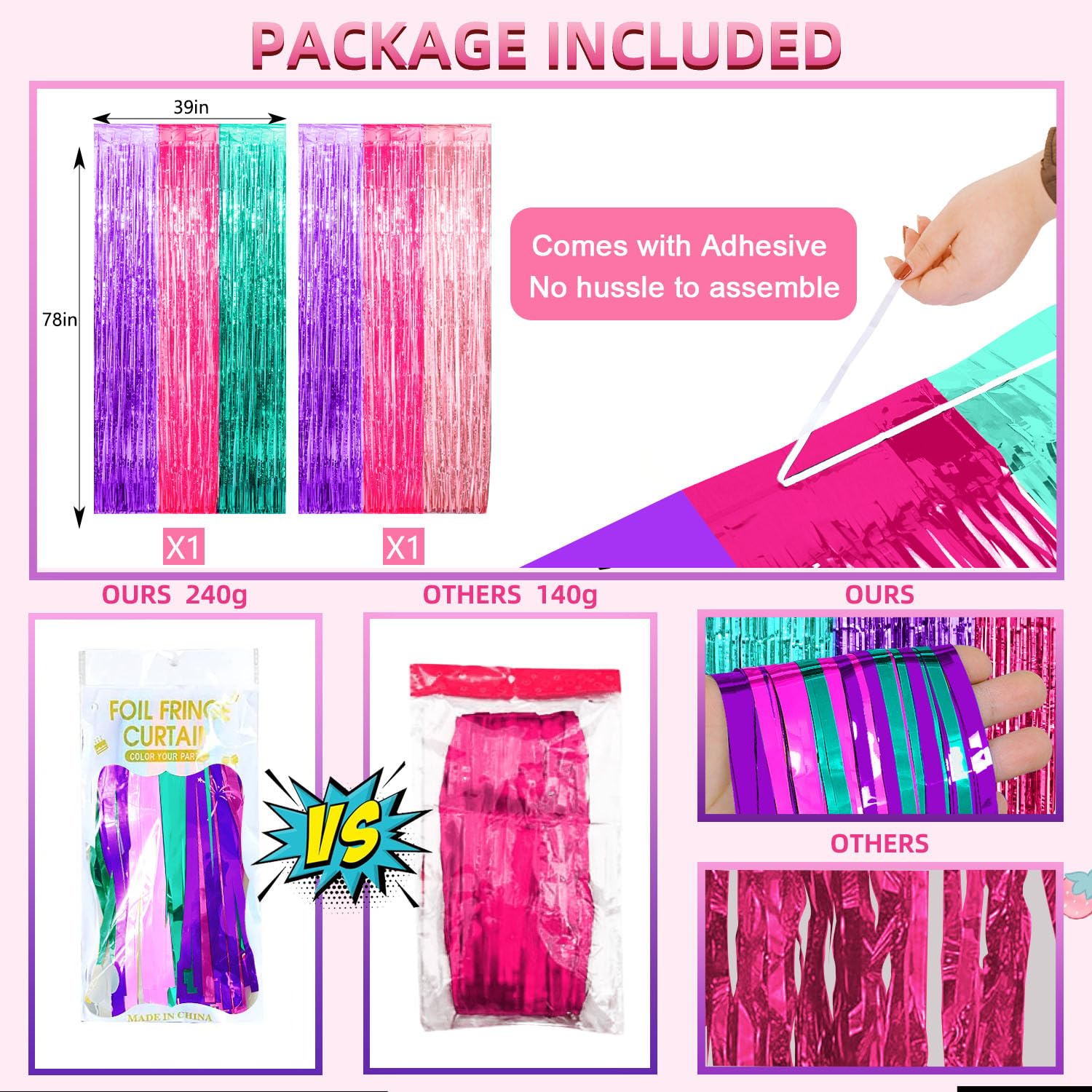 Satankya Cute Dollhouse Birthday Decorations, 2 Pack Dollhouse Party Photo Booth Prop, Purple Pink Teal Fringe Curtains Tinsel Photo Streamers
