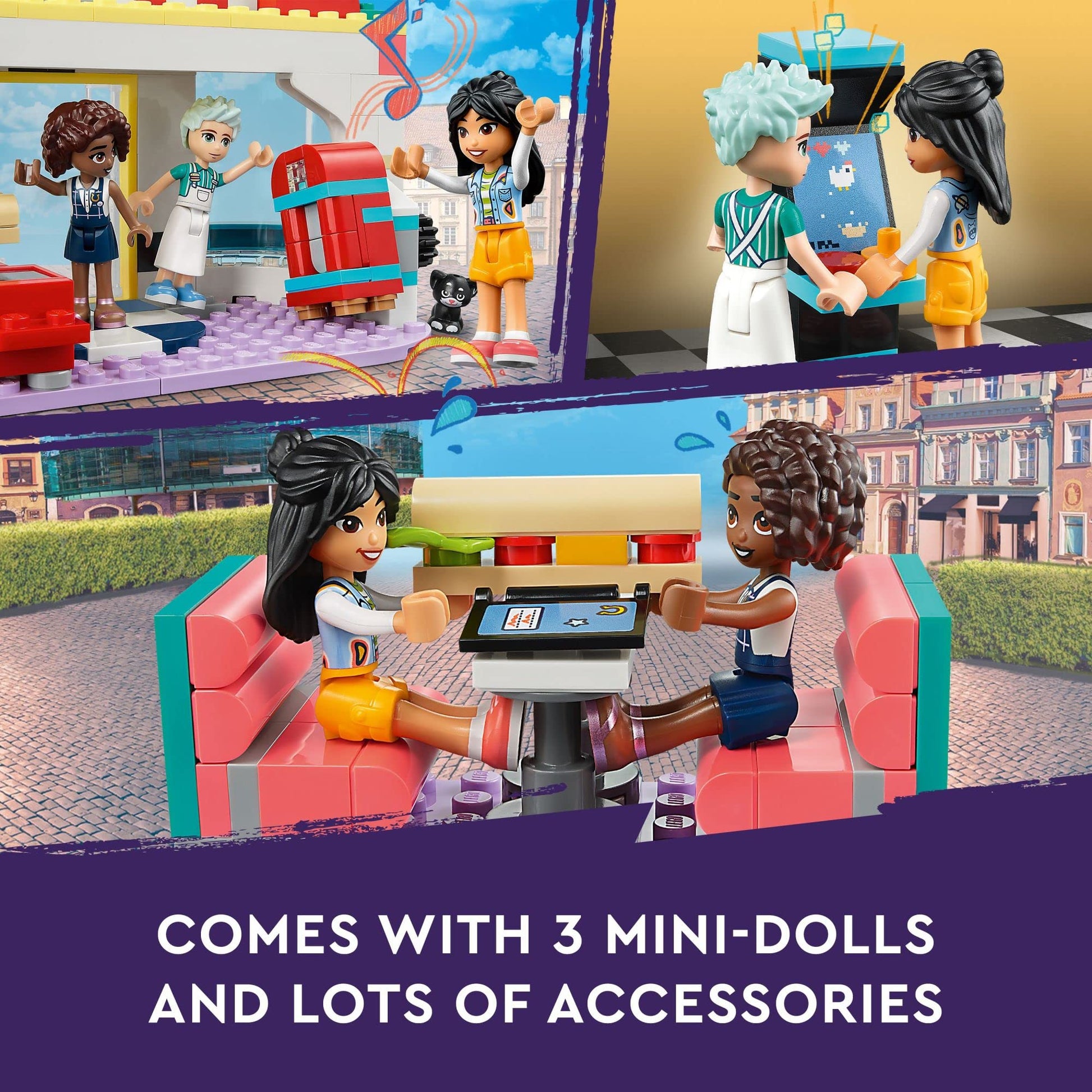 LEGO Friends Heartlake Downtown Diner Building Toy - Restaurant Pretend Playset with Food, Includes Mini-Dolls Liann, Aliya, and Charli, Birthday Gift