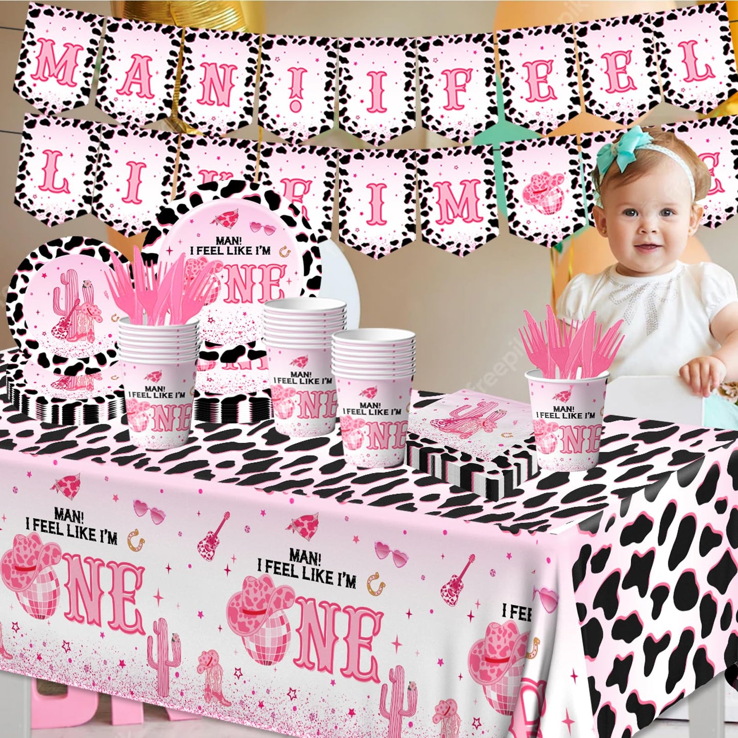 Western Cowgirl Birthday Party Decoration,142Pcs Pink Disco Cowgirl 1st Tableware Set I’m One Cowgirl Plates Napkins Cowgirl Tablecloth for My First