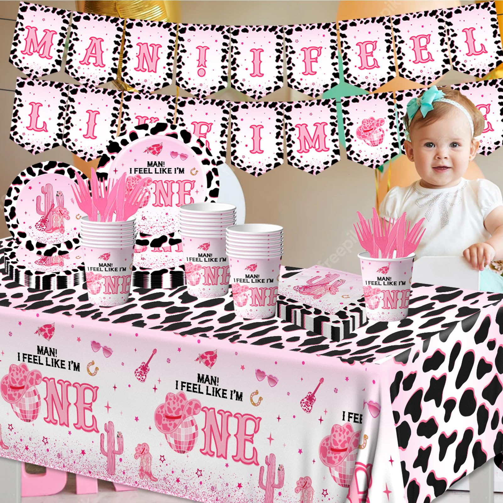 Western Cowgirl Birthday Party Decoration,142Pcs Pink Disco Cowgirl 1st Tableware Set I’m One Cowgirl Plates Napkins Cowgirl Tablecloth for My First